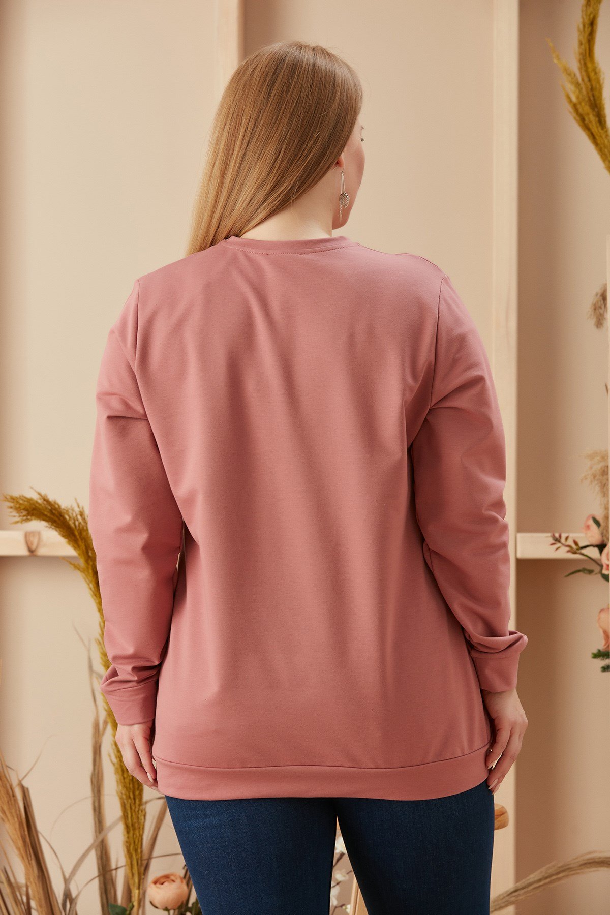 Rmg Baskılı Büyük Beden Gül Kurusu Sweatshirt