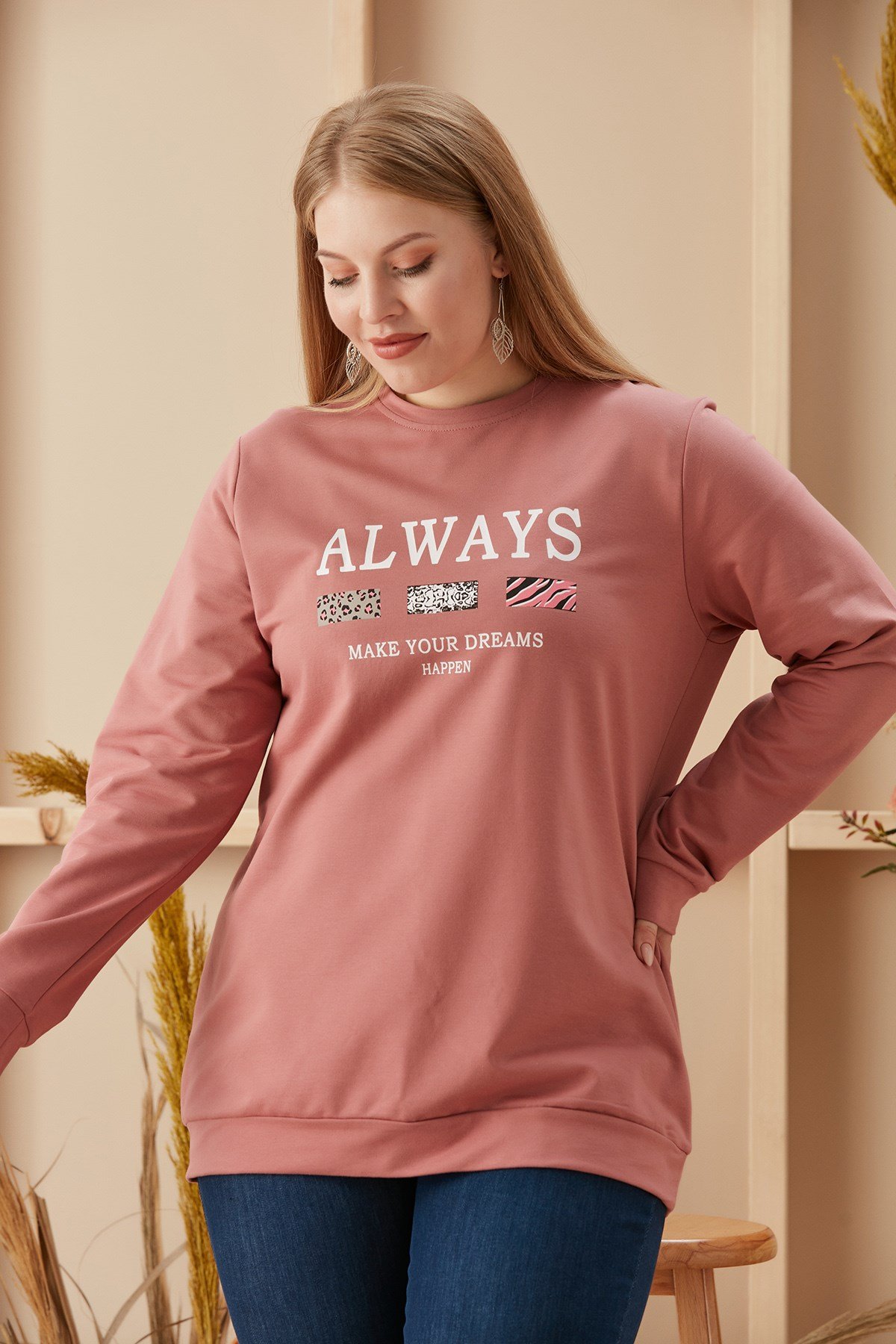 Rmg Baskılı Büyük Beden Gül Kurusu Sweatshirt