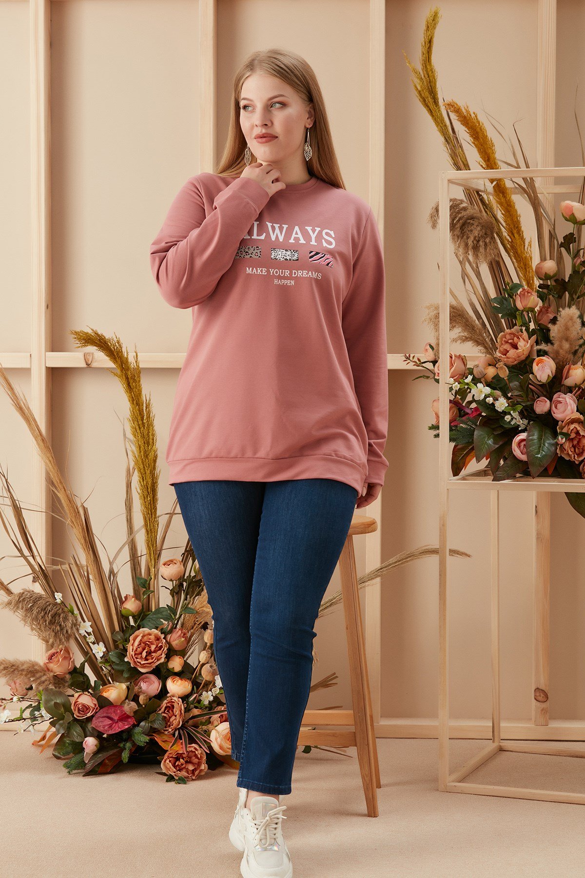 Rmg Baskılı Büyük Beden Gül Kurusu Sweatshirt