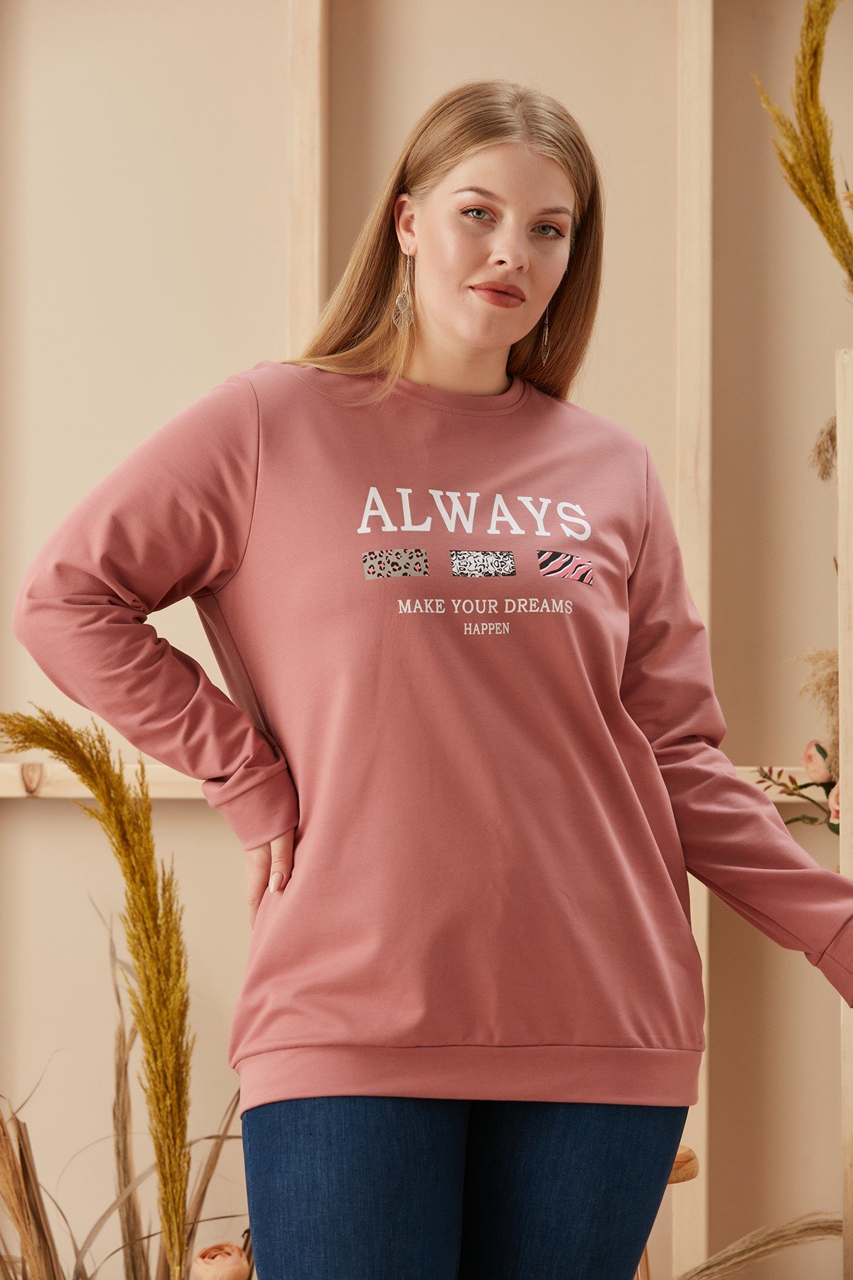 Rmg Baskılı Büyük Beden Gül Kurusu Sweatshirt