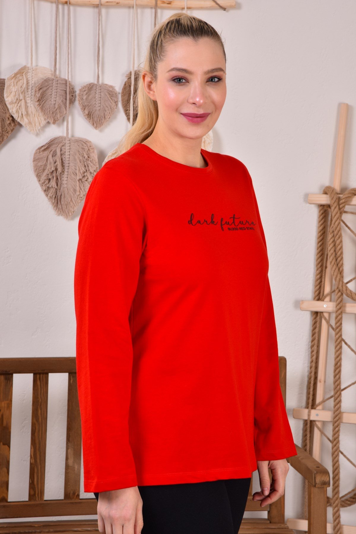 Rmg Baskılı Büyük Beden Kırmızı Sweatshirt