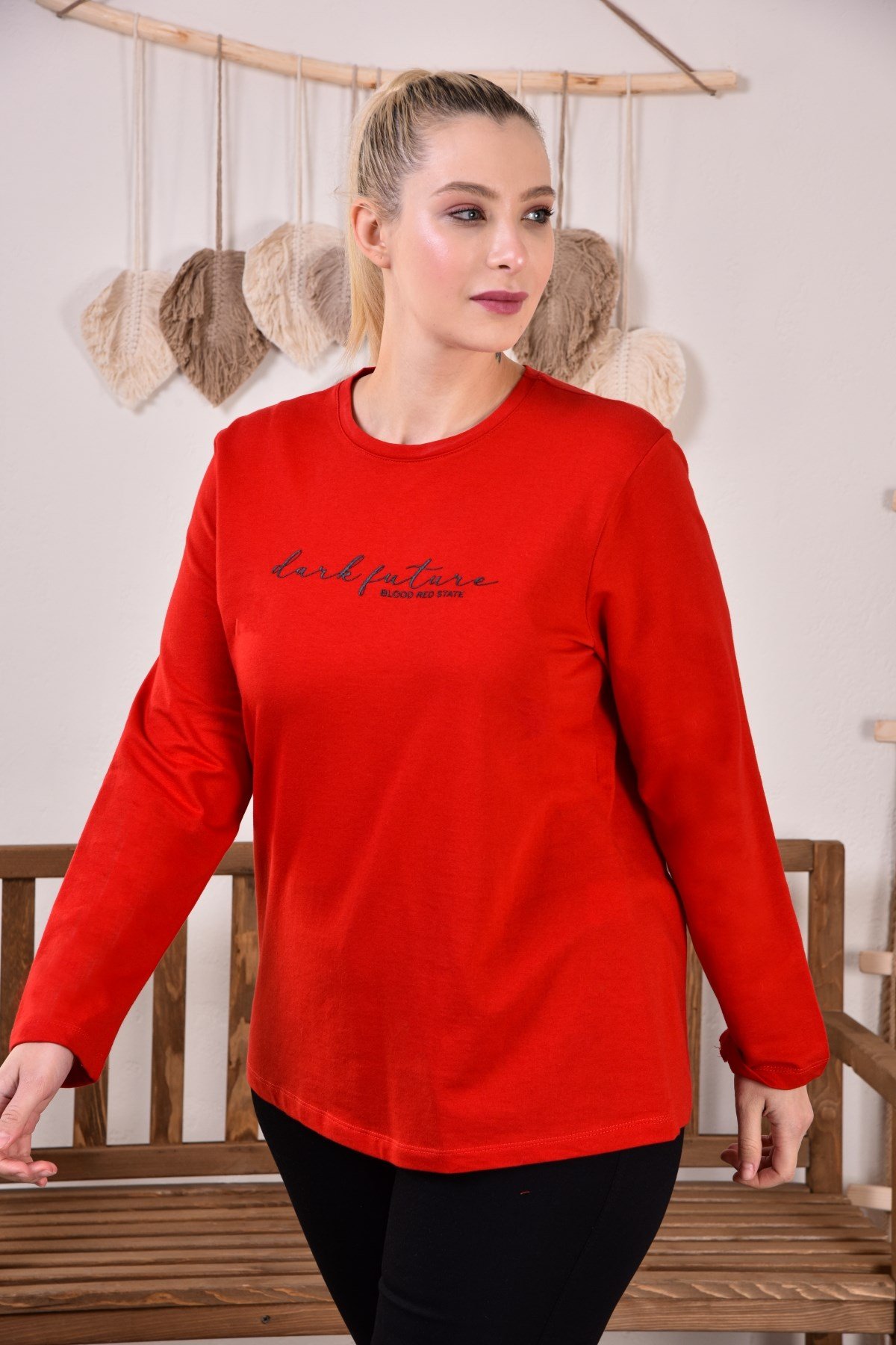 Rmg Baskılı Büyük Beden Kırmızı Sweatshirt