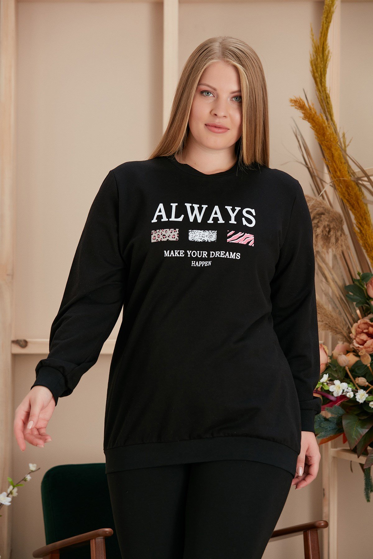 Rmg Baskılı Büyük Beden Siyah Sweatshirt