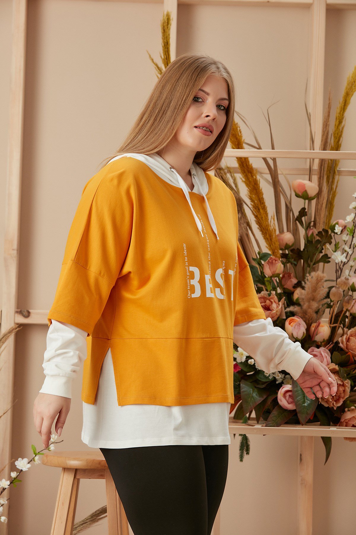 Rmg Baskılı Kapşonlu Hardal Büyük Beden Sweatshirt