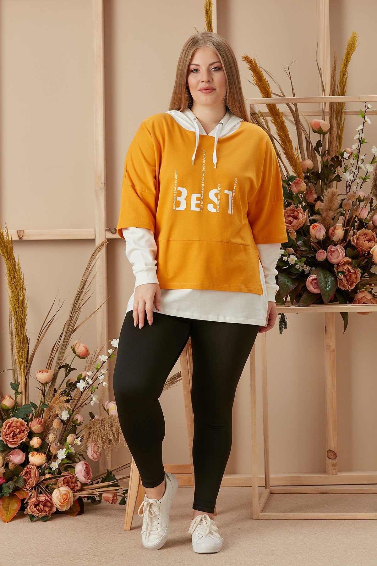 Rmg Baskılı Kapşonlu Hardal Büyük Beden Sweatshirt