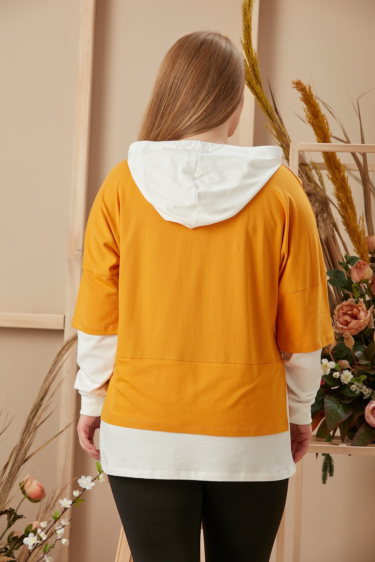Rmg Baskılı Kapşonlu Hardal Büyük Beden Sweatshirt