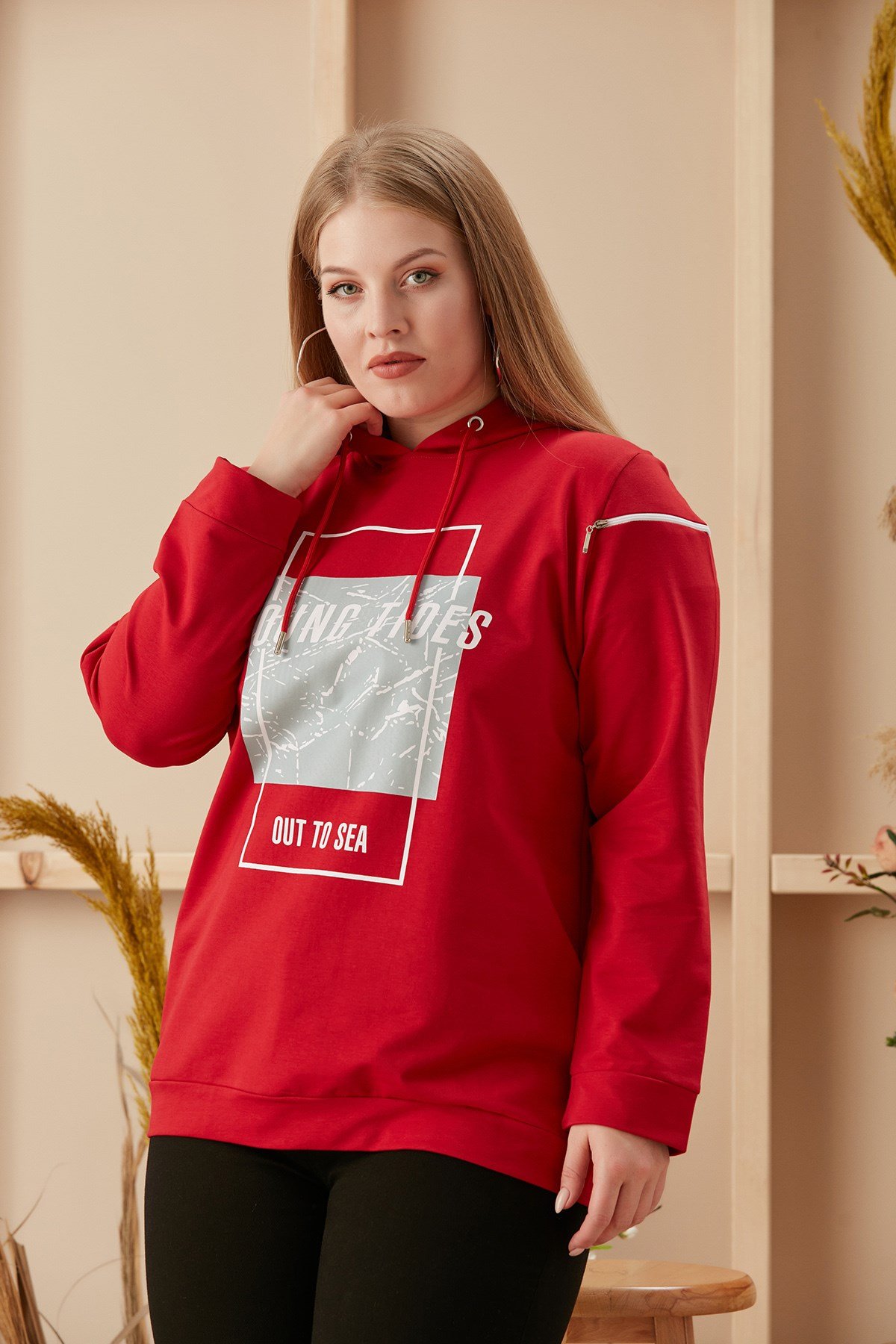 Rmg Baskılı ve Fermuarlı Büyük Beden Kırmızı Sweatshirt