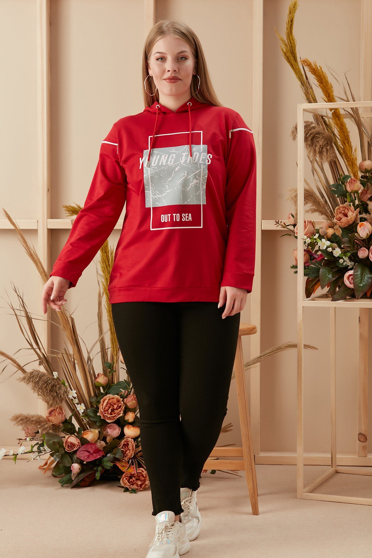 Rmg Baskılı ve Fermuarlı Büyük Beden Kırmızı Sweatshirt