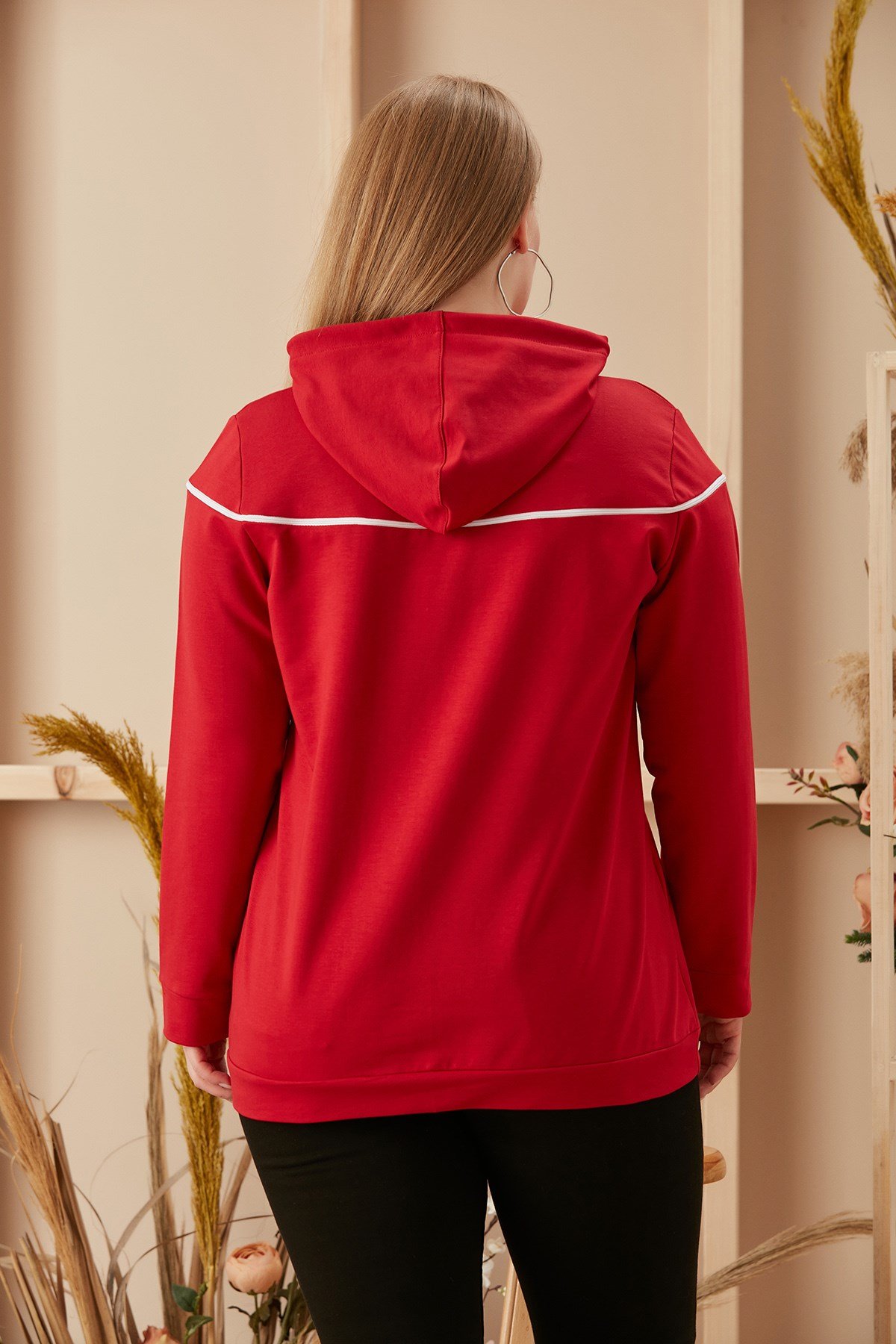 Rmg Baskılı ve Fermuarlı Büyük Beden Kırmızı Sweatshirt