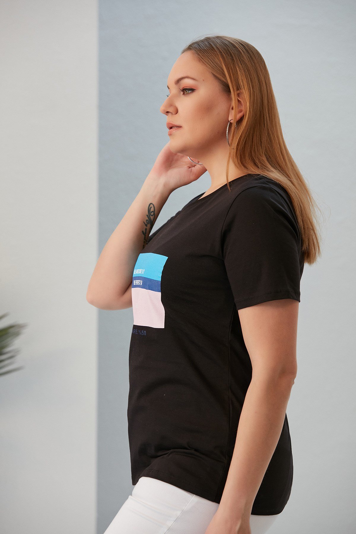 Rmg Be Perfect Baskılı V yaka Büyük Beden Siyah Tişört