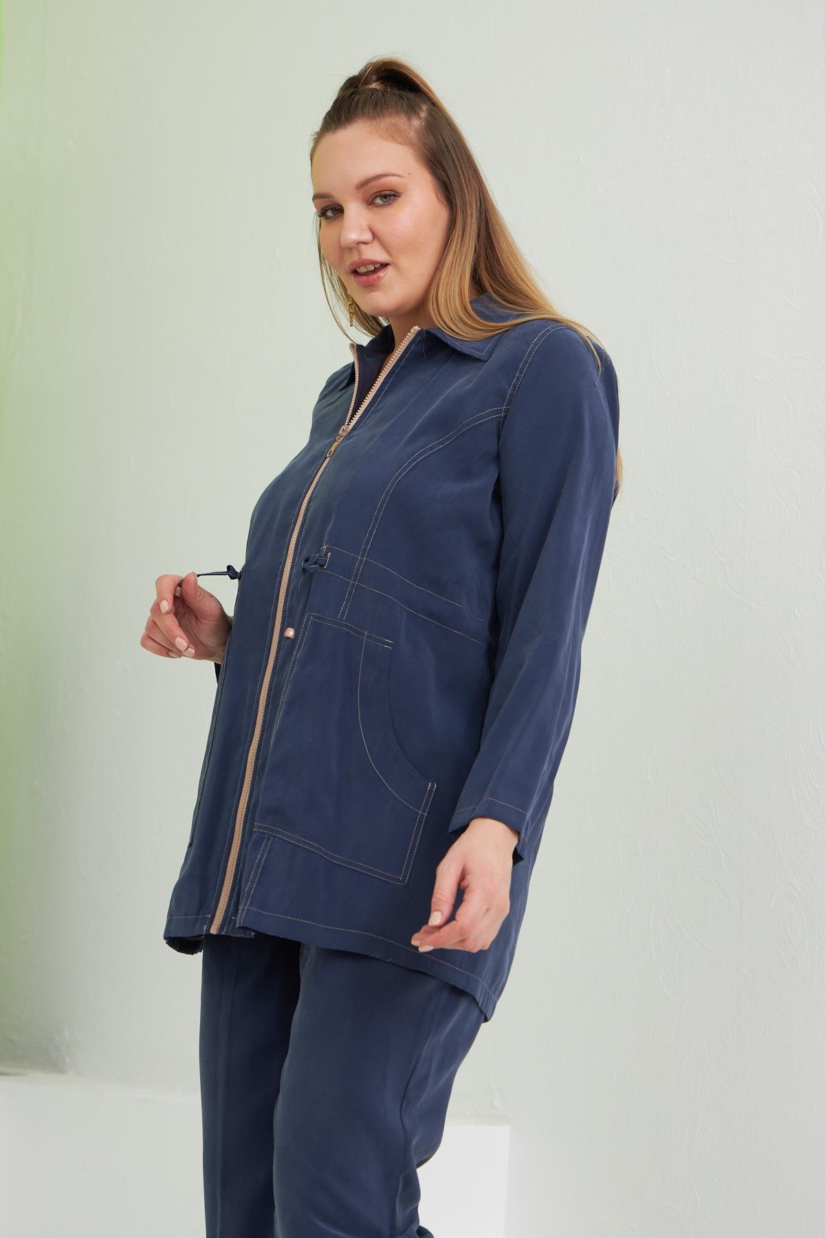 Rmg Bel Bağcık Detaylı Büyük Beden İndigo Trenç Takım