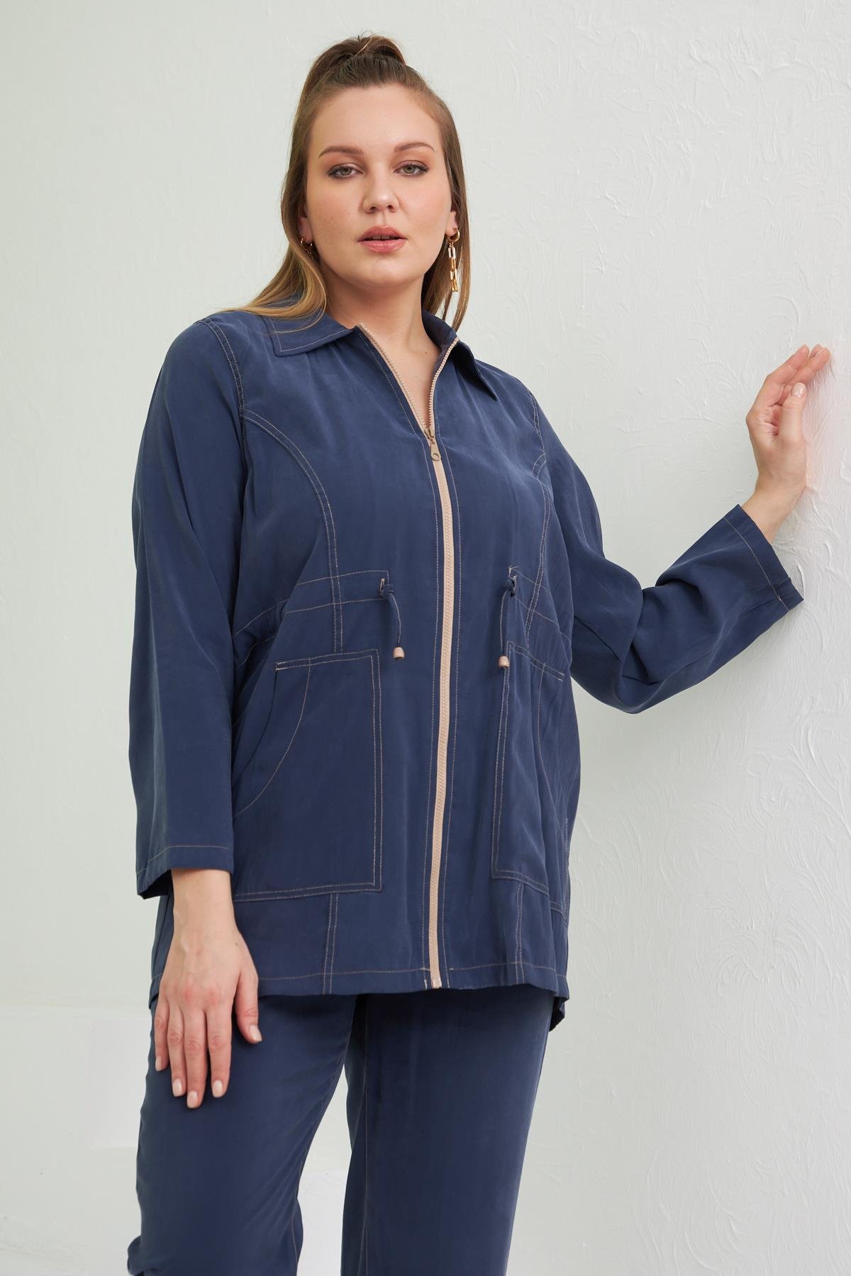 Rmg Bel Bağcık Detaylı Büyük Beden İndigo Trenç Takım