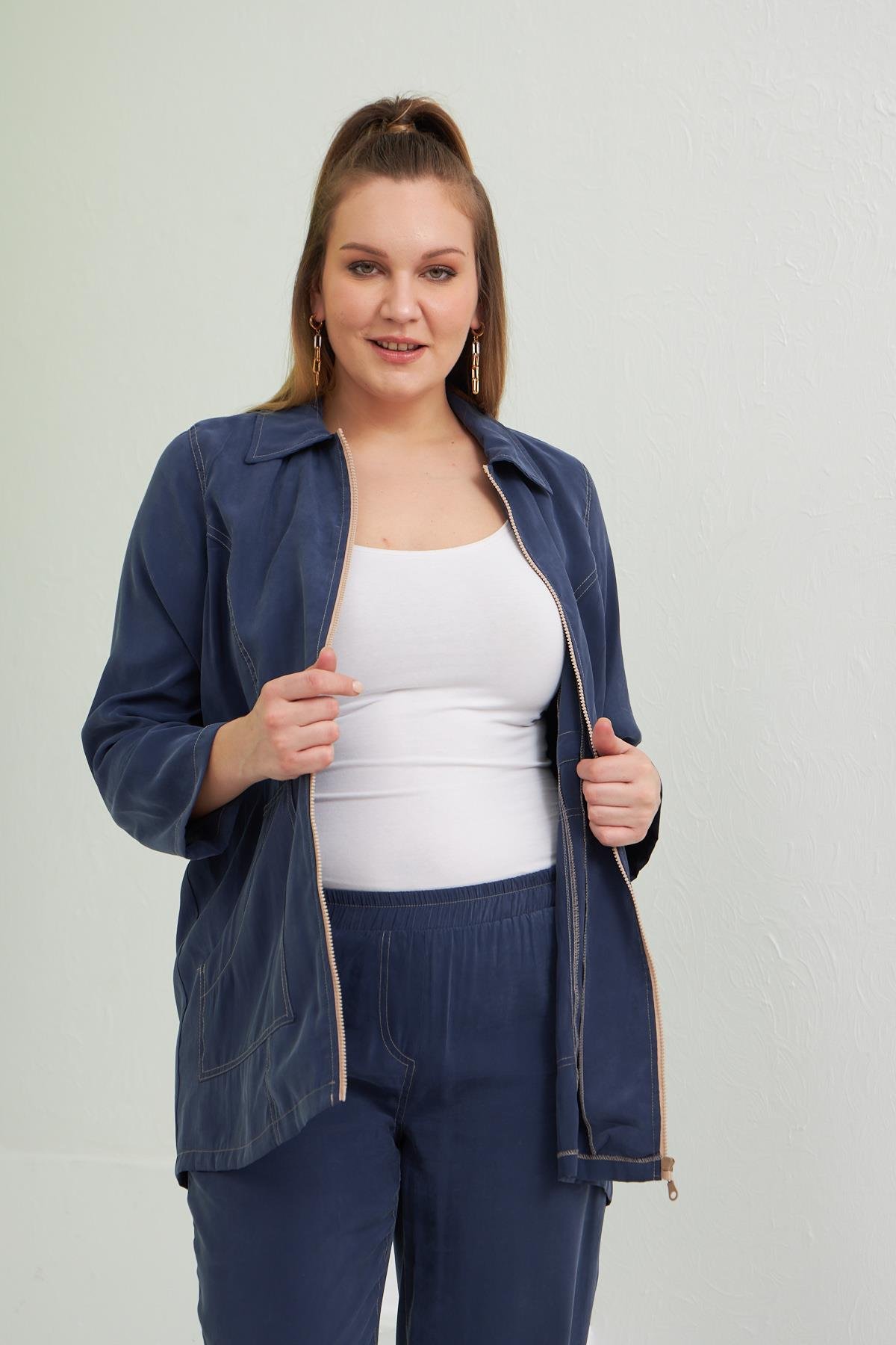 Rmg Bel Bağcık Detaylı Büyük Beden İndigo Trenç Takım