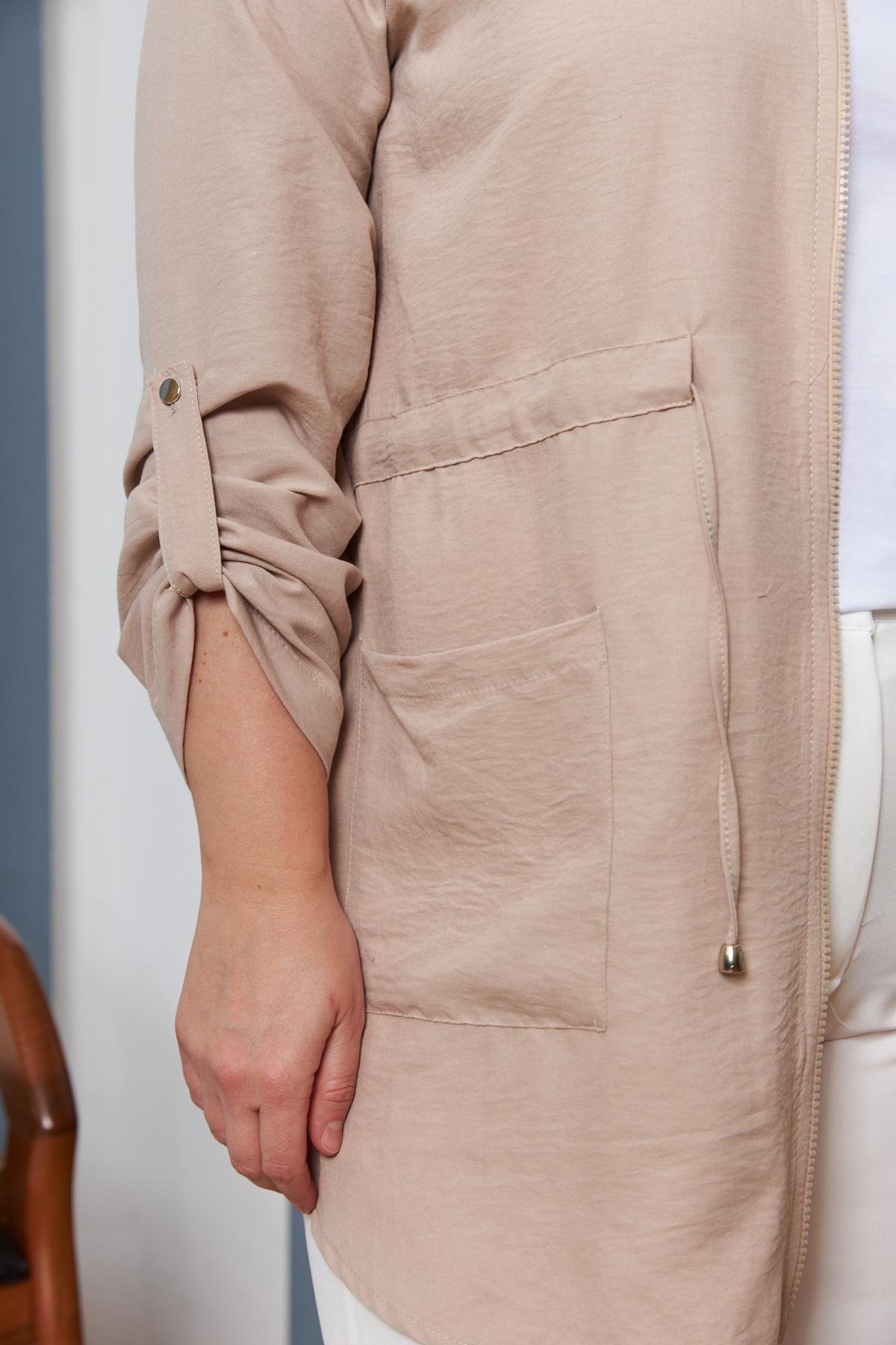 Rmg Bel Bağcık Detaylı Fermuarlı Büyük Beden Krem Ceket