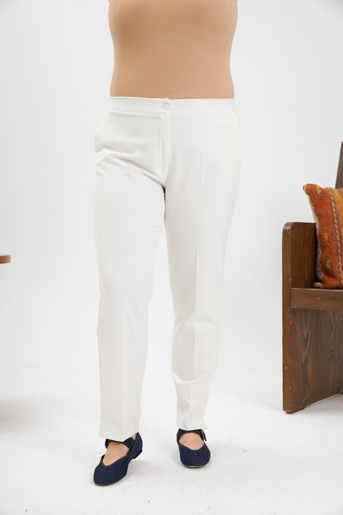 Rmg Bel Lastikli Paça Mini Yırtmaçlı Büyük Beden Ekru Kumaş Pantolon