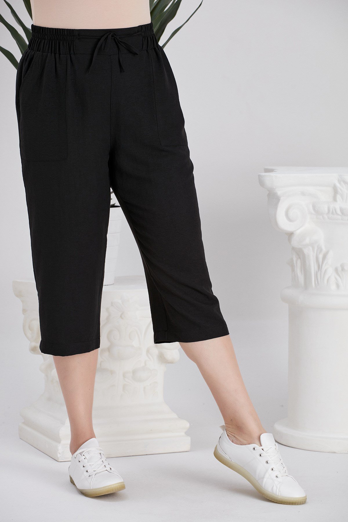 Rmg Beli Lastikli Bağcık Detaylı Büyük Beden Siyah Kapri