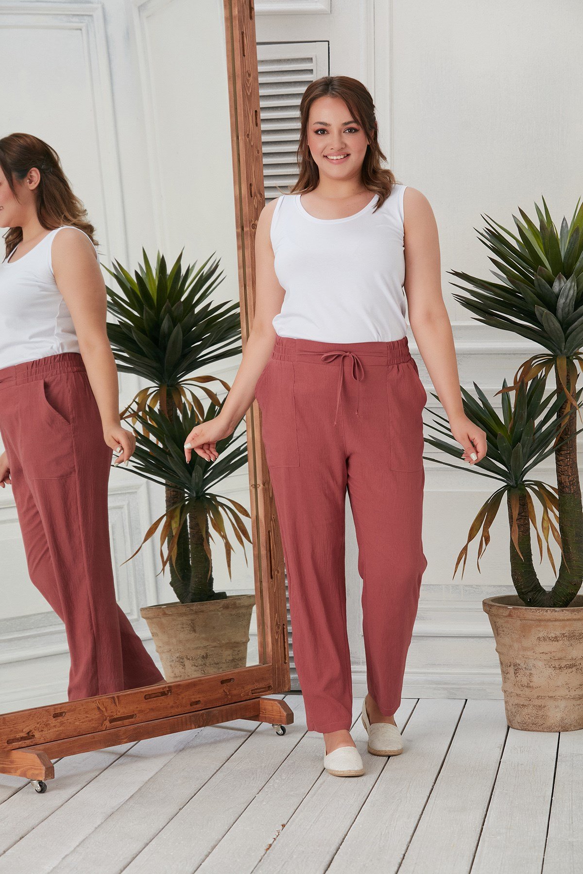 Rmg Beli Lastikli Bağcık Detaylı Büyük Beden Gülkurusu Pantolon