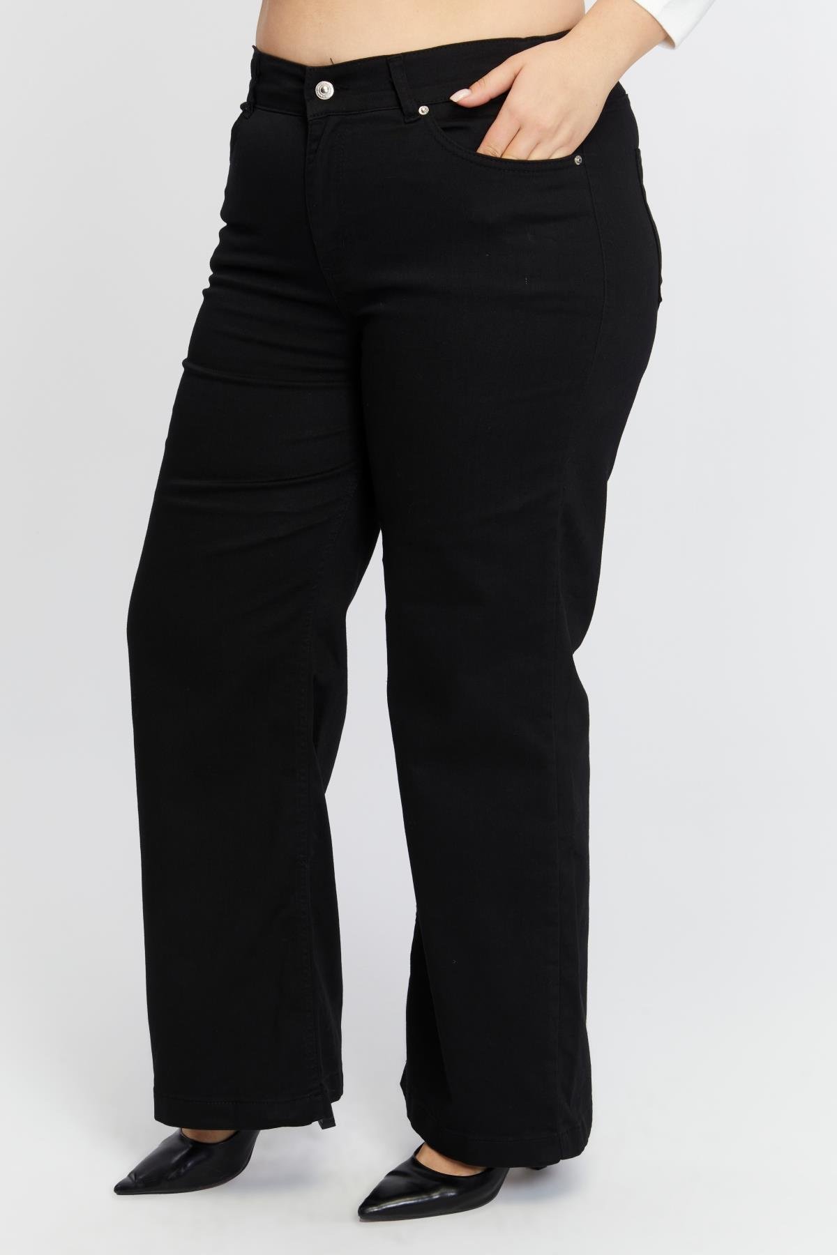 Rmg Beli Lastikli Bol Paça Büyük Beden Siyah Kot Pantolon