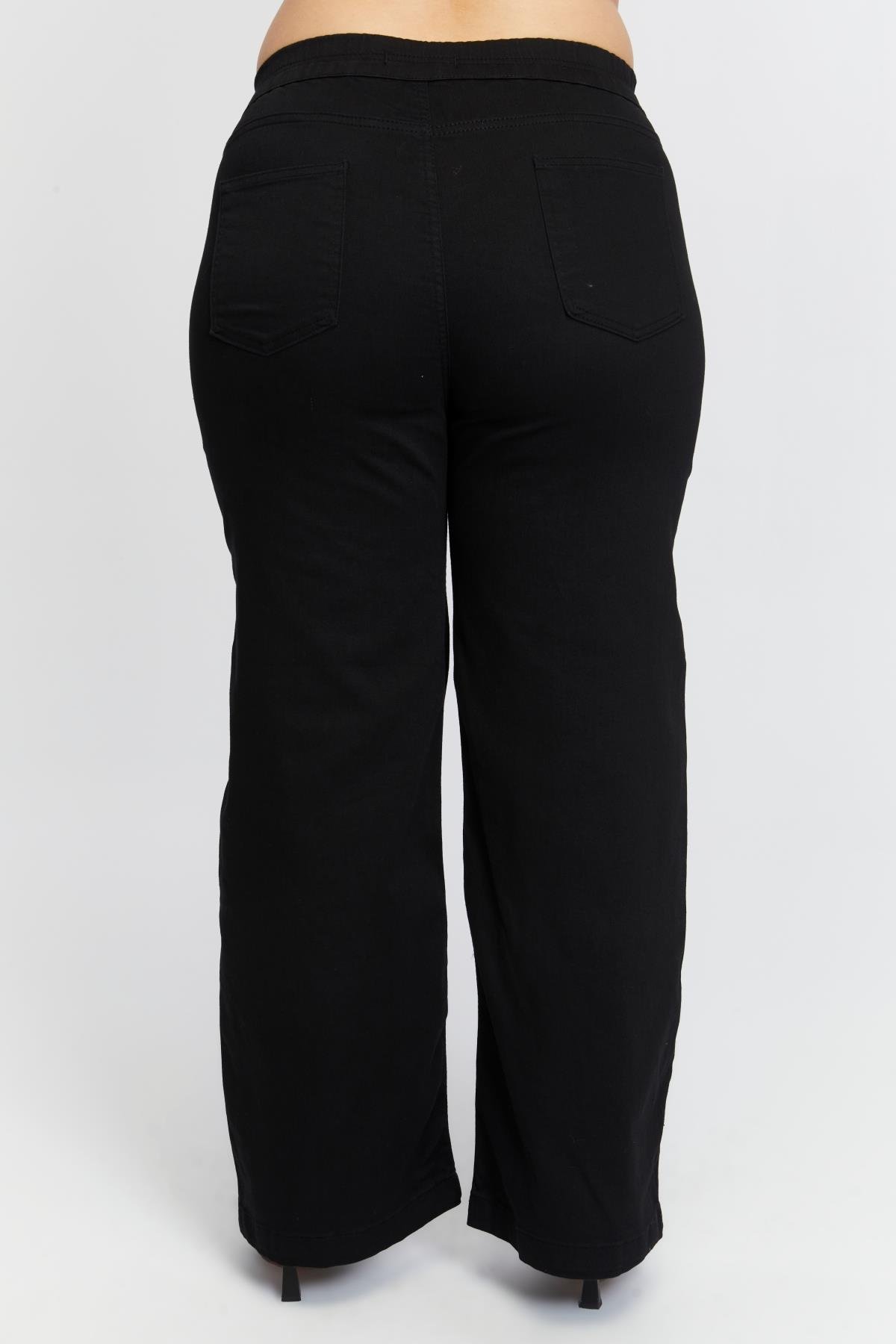 Rmg Beli Lastikli Bol Paça Büyük Beden Siyah Kot Pantolon