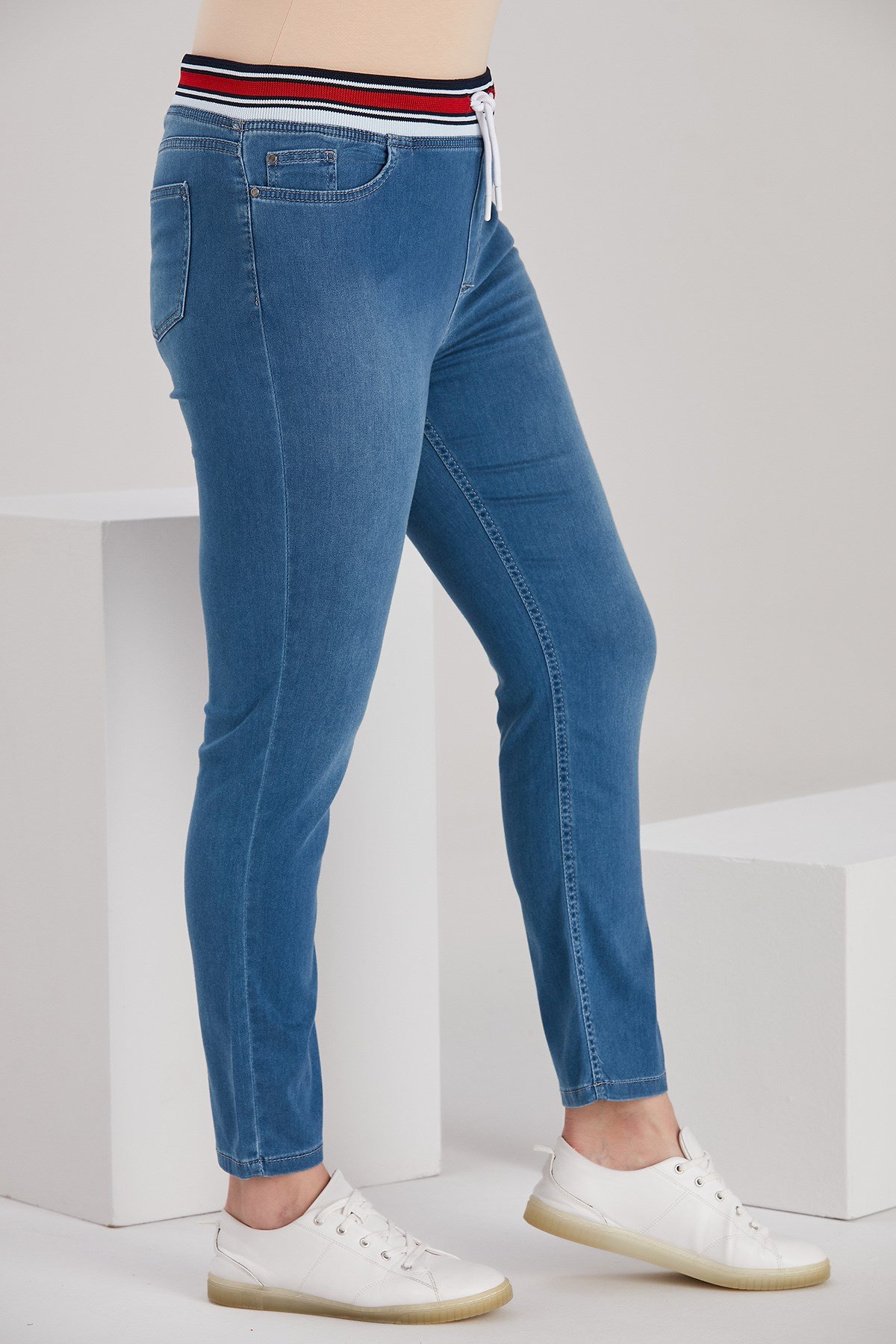 Rmg Beli Lastikli Büyük Beden Mavi Kot Pantolon