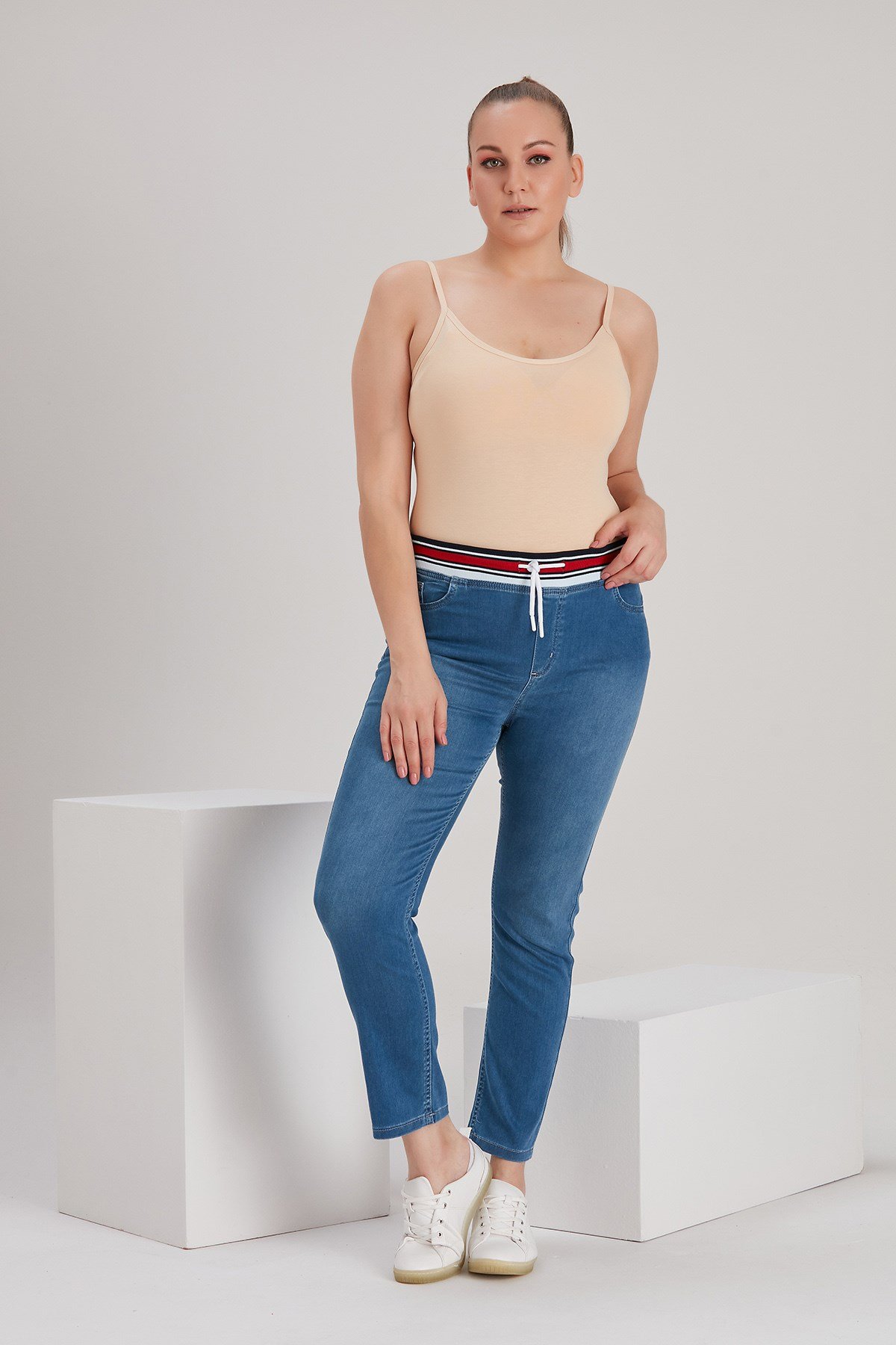 Rmg Beli Lastikli Büyük Beden Mavi Kot Pantolon