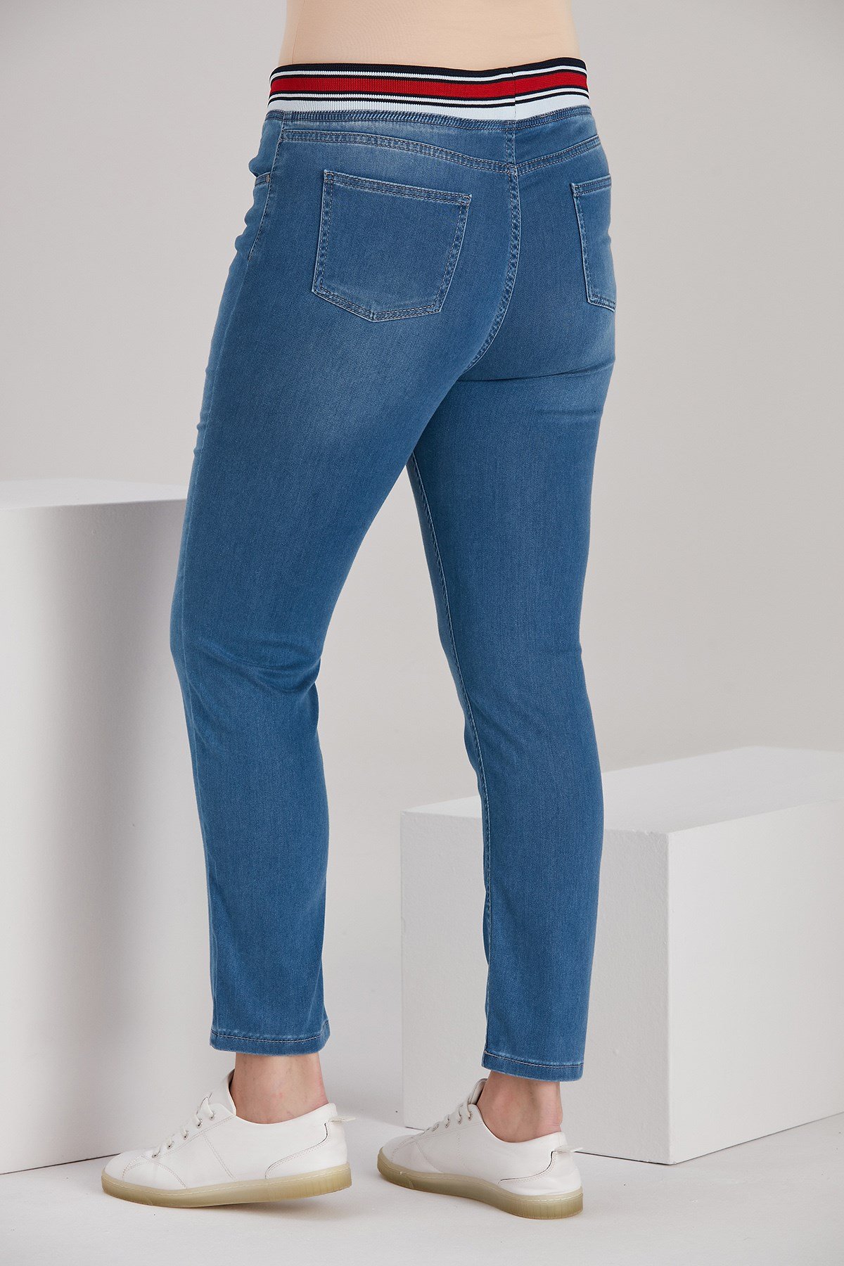 Rmg Beli Lastikli Büyük Beden Mavi Kot Pantolon