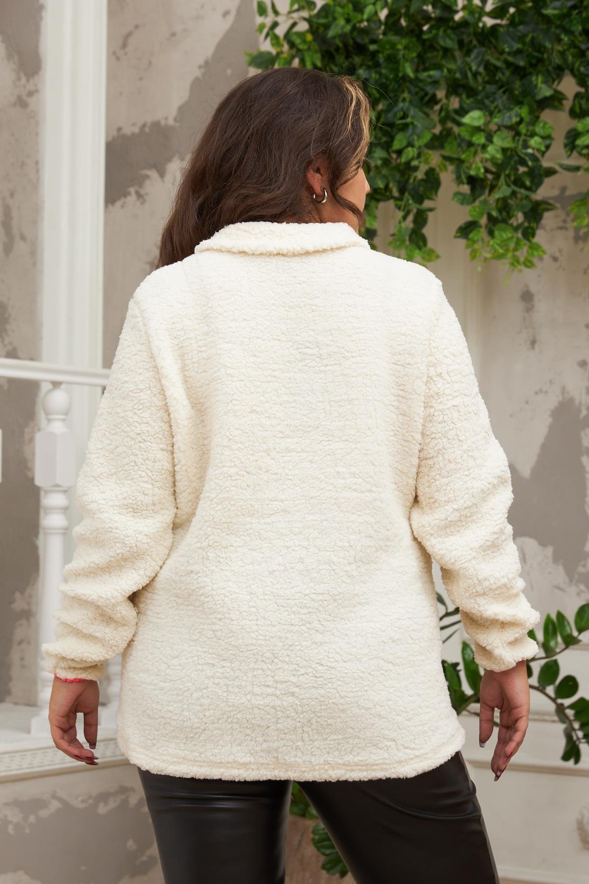 Rmg Biye Detaylı Büyük Beden Krem Kıvırcık Sweatshirt