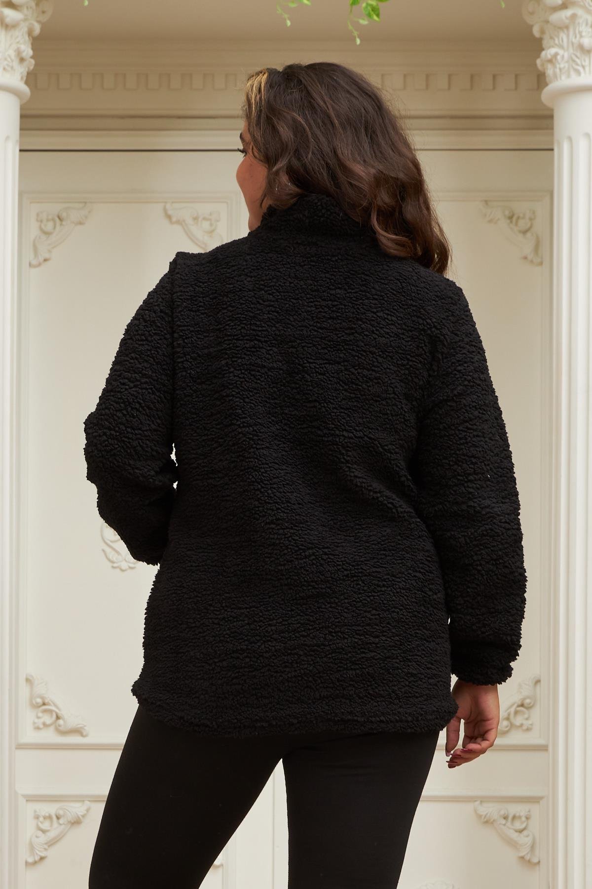 Rmg Biye Detaylı Büyük Beden Siyah Kıvırcık Sweatshirt