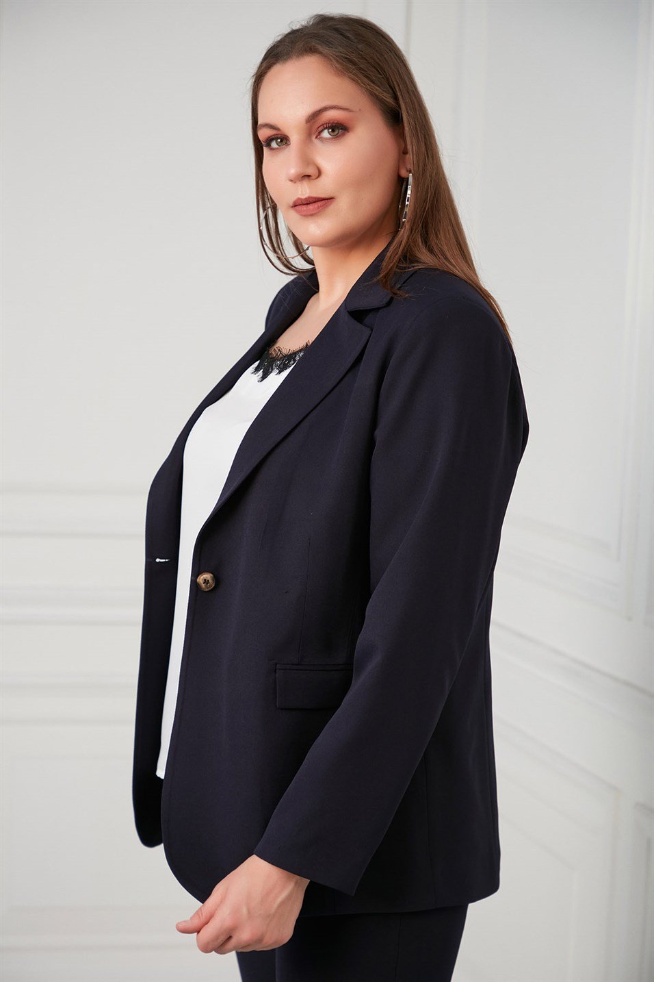 RMG Blazer Detaylı Büyük Beden Lacivert Ceket