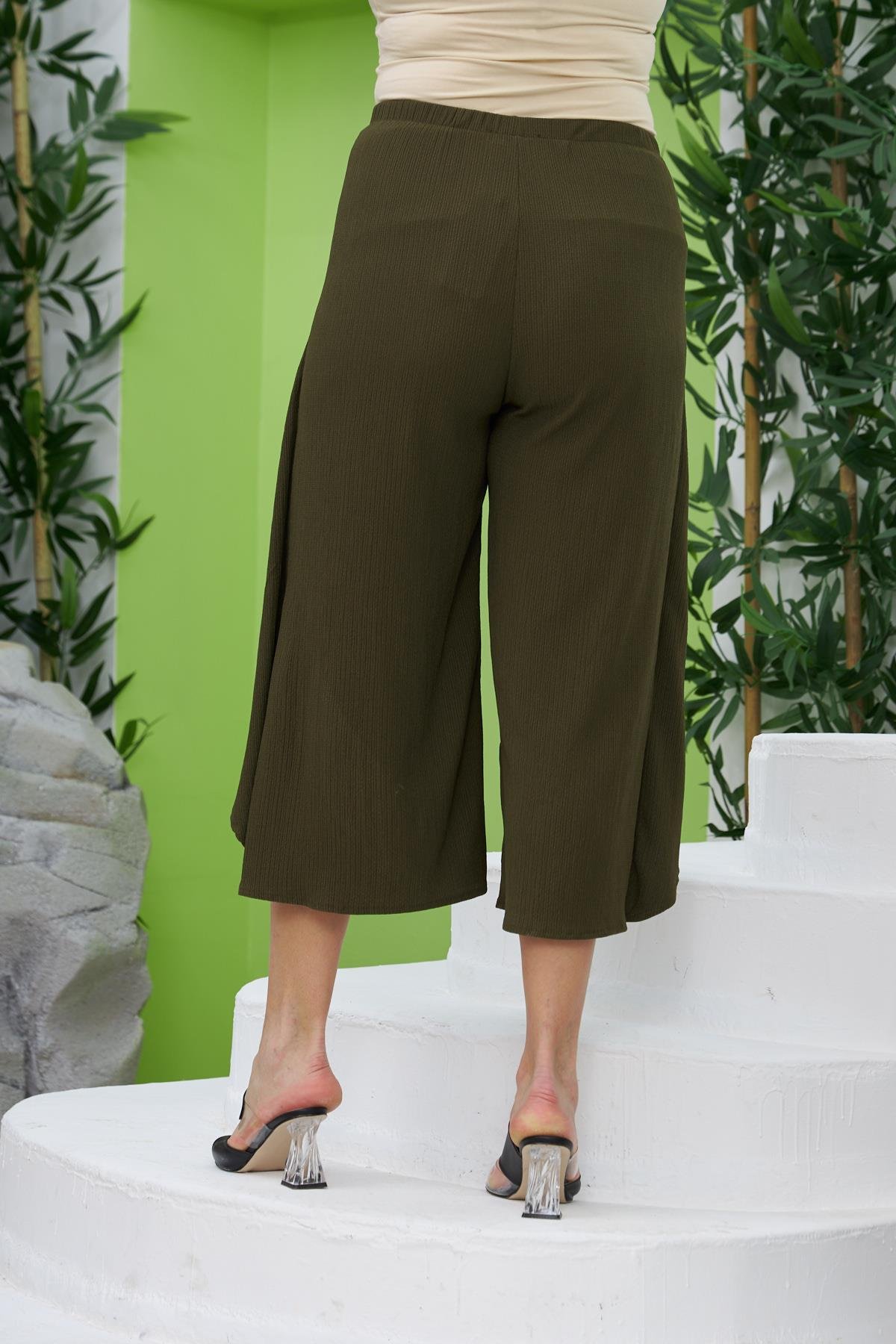 Rmg Bürümcük Kumaş Beli Lastikli Büyük Beden Haki Pantolon