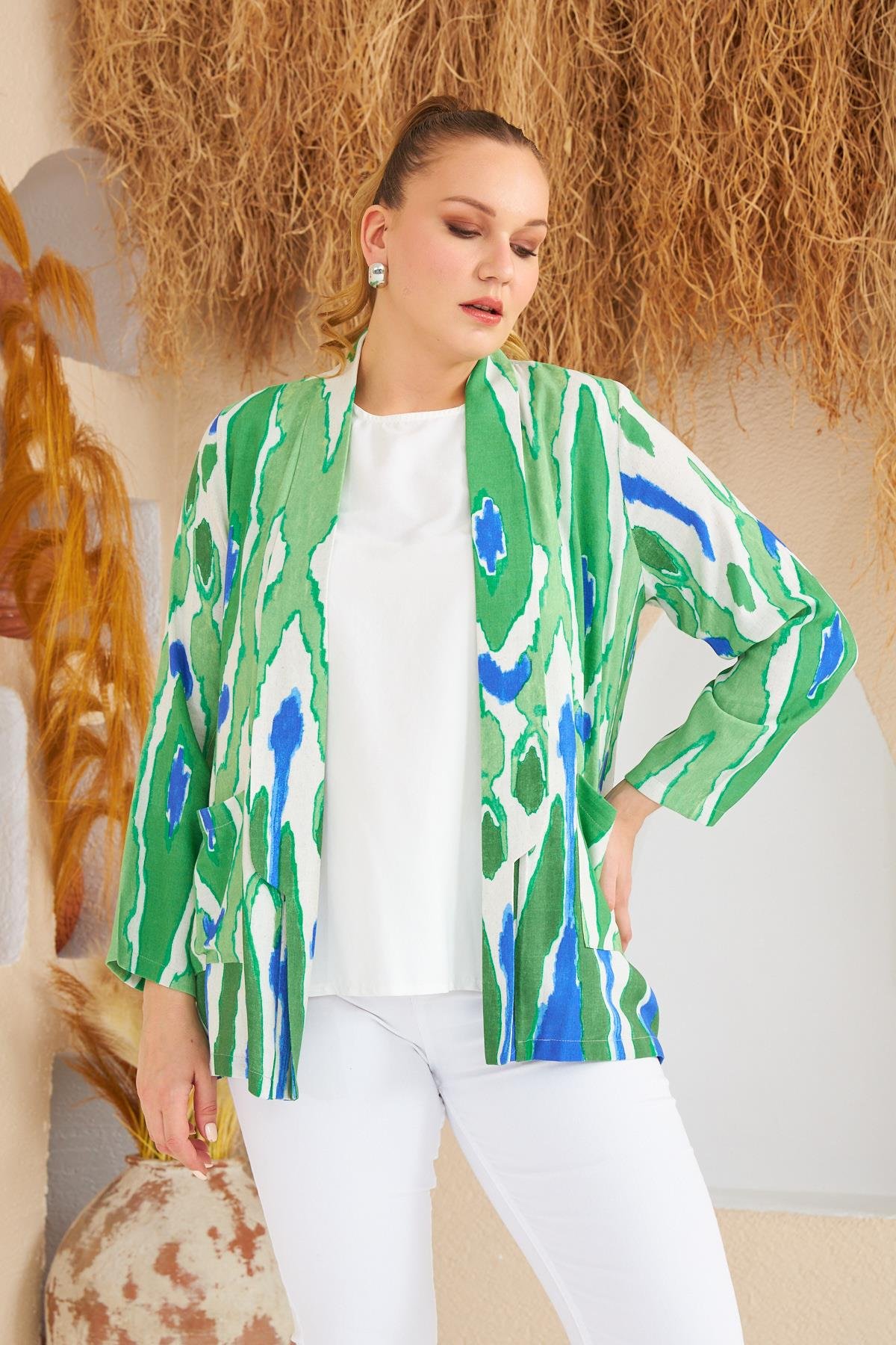 Rmg Büyük Beden Desenli İndigo Ceket