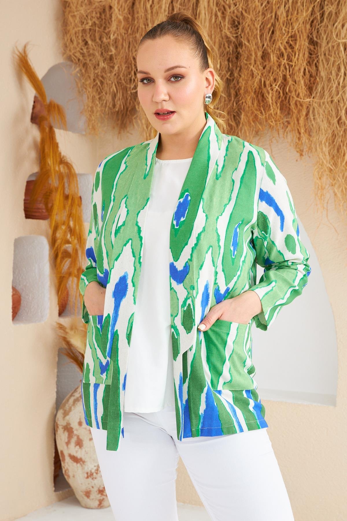 Rmg Büyük Beden Desenli İndigo Ceket