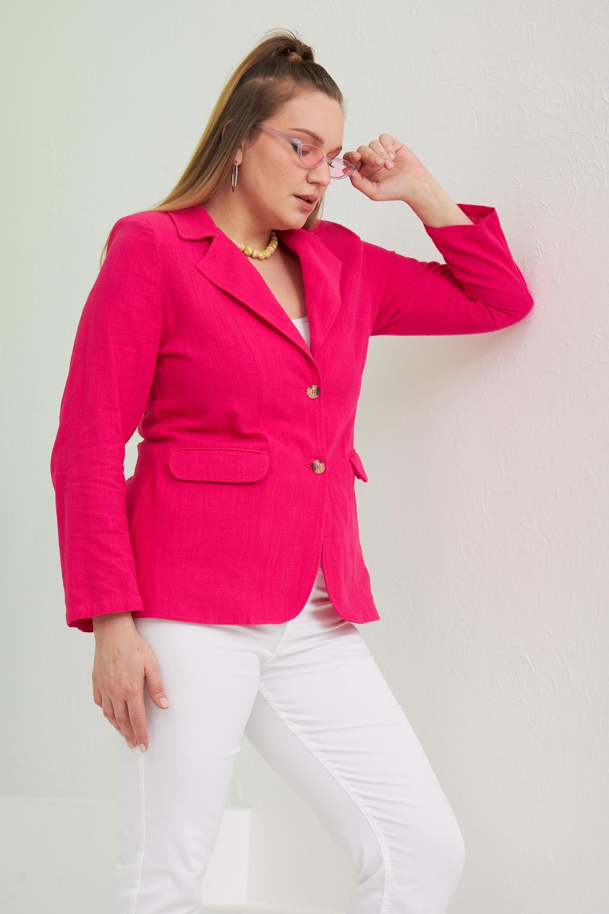 Rmg Büyük Beden Fuşya Keten Ceket