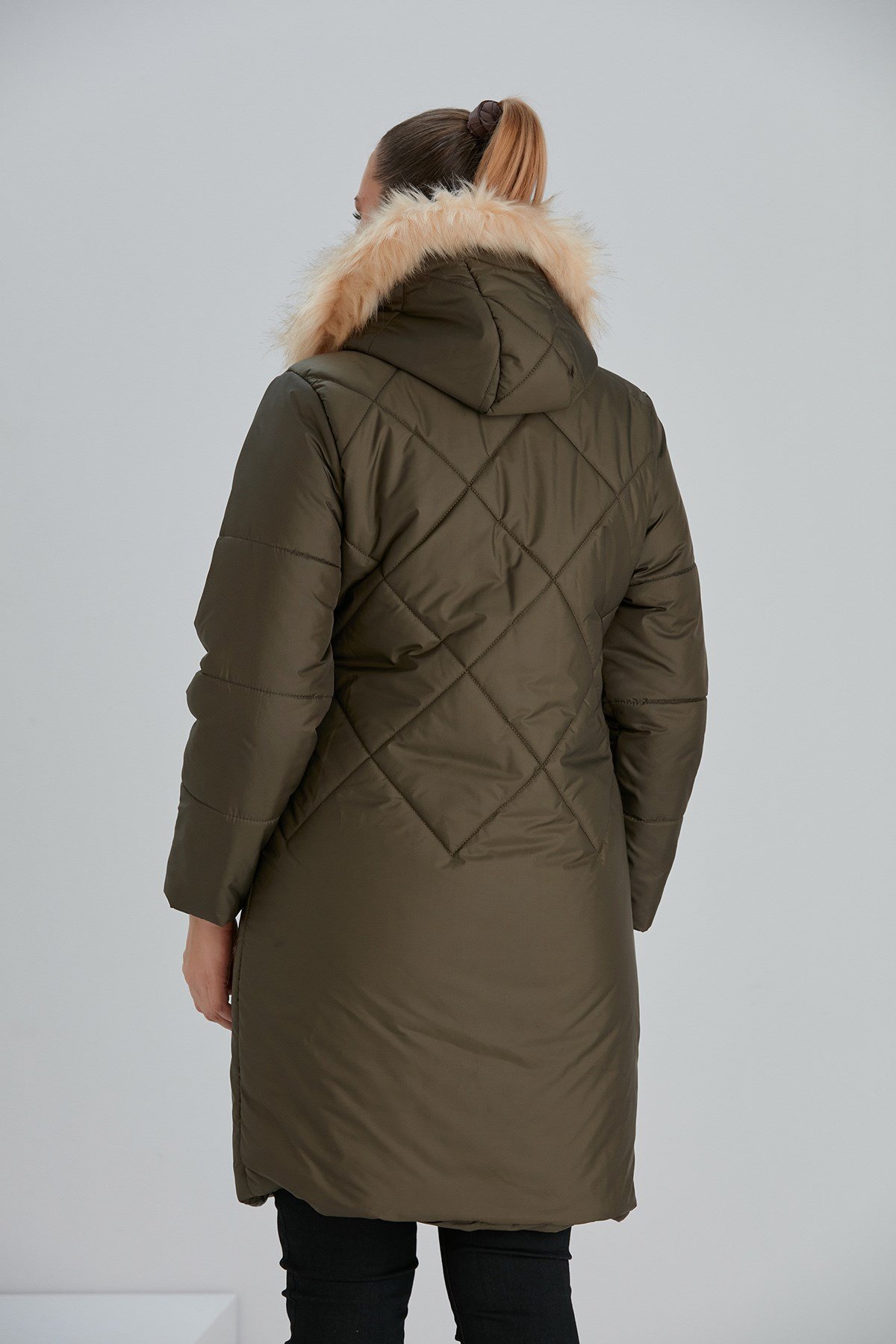 Rmg Büyük Beden Haki Uzun Kapitone Mont