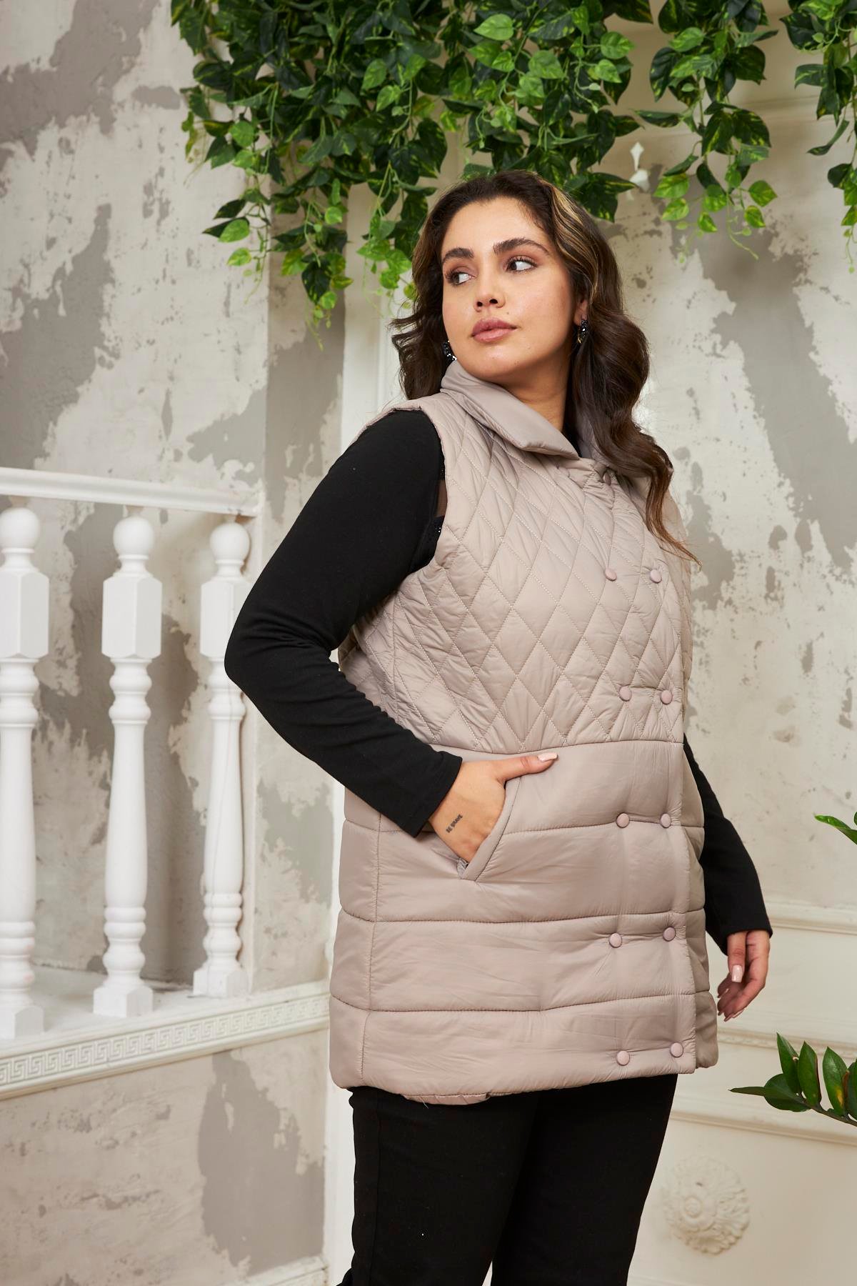 Rmg Büyük Beden Kapıtone Vizon Yelek