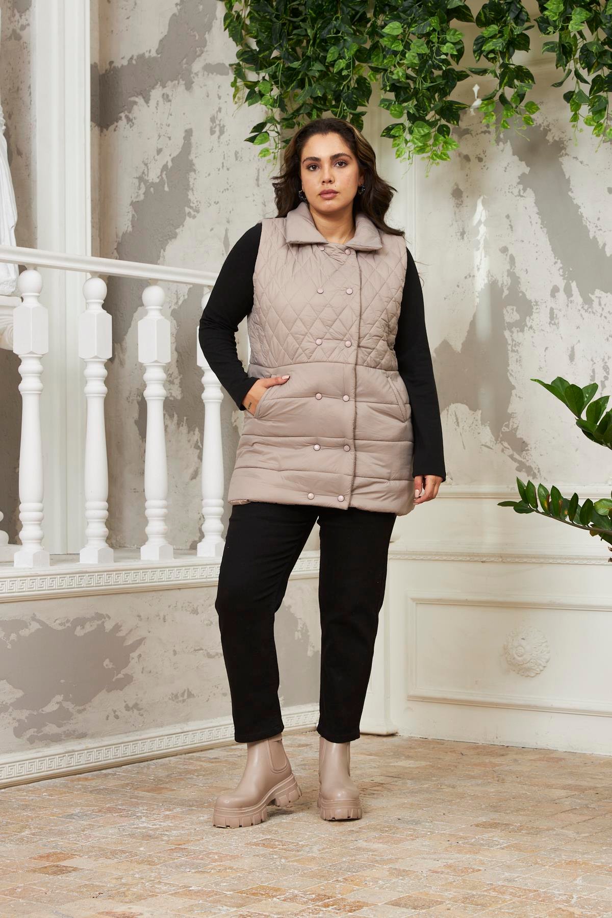 Rmg Büyük Beden Kapıtone Vizon Yelek