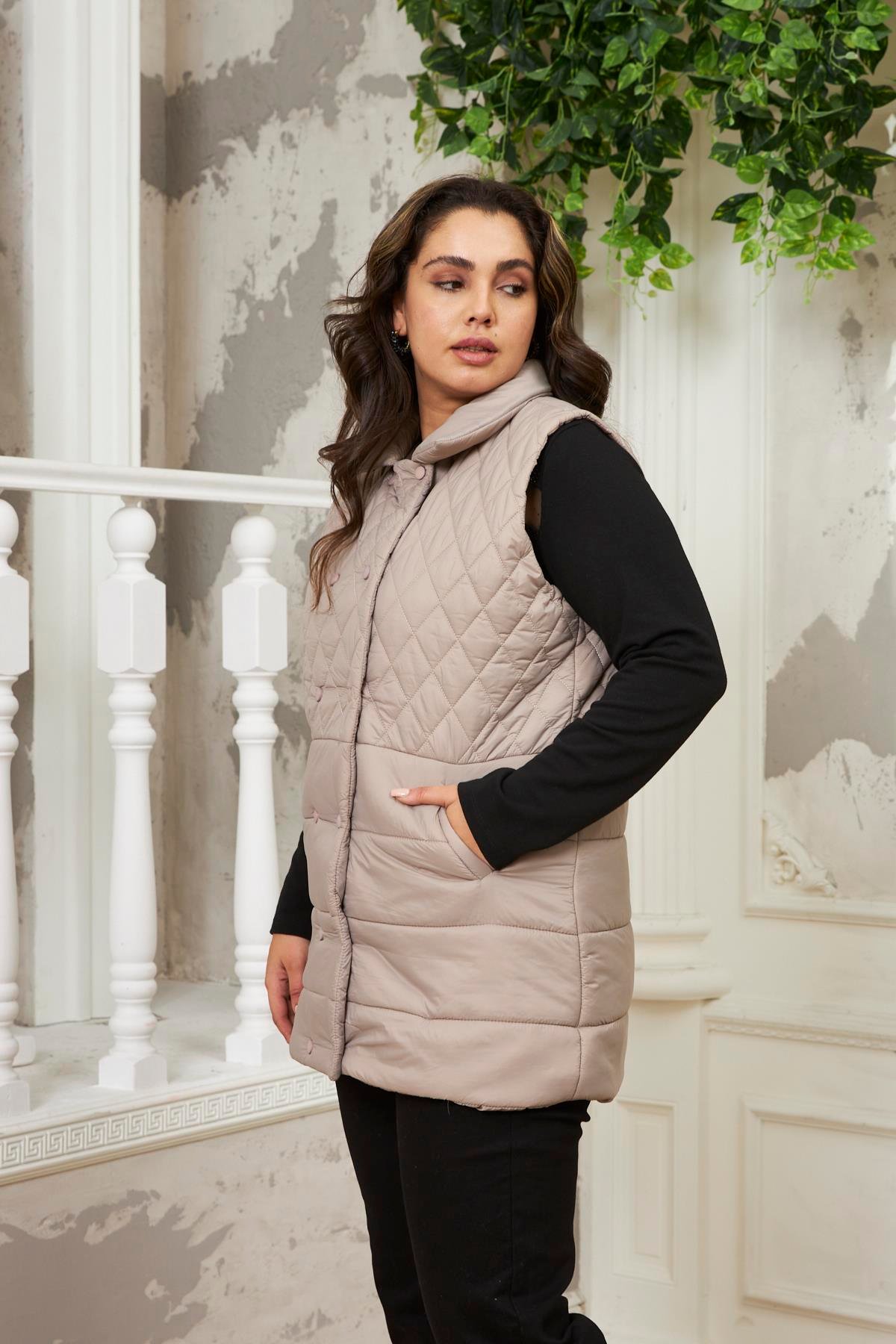 Rmg Büyük Beden Kapıtone Vizon Yelek