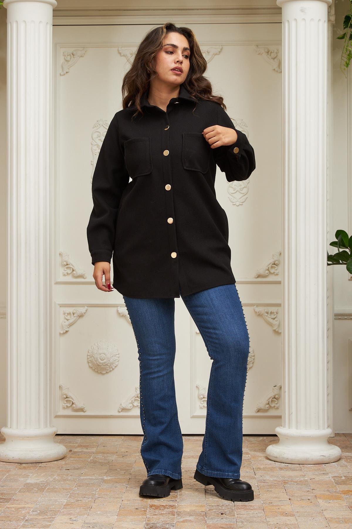 Rmg Büyük Beden Siyah Kaşe Gömlek