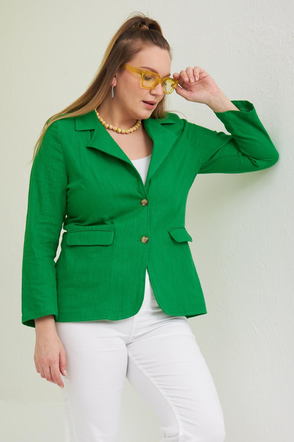 Rmg Büyük Beden Yeşil Keten Ceket