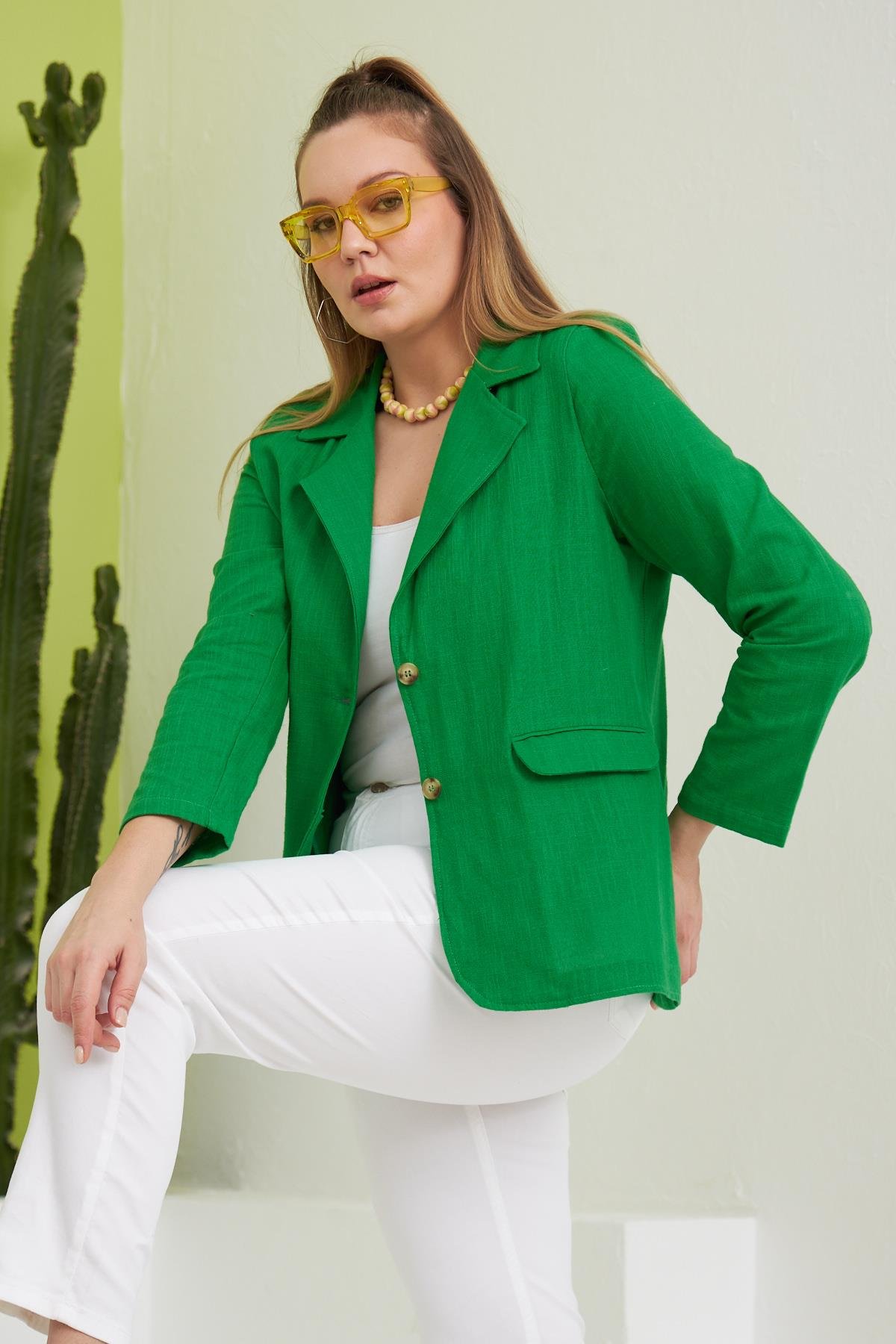 Rmg Büyük Beden Yeşil Keten Ceket