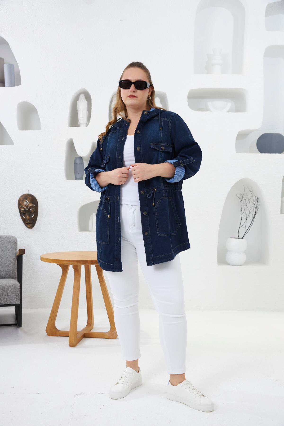 Rmg Cep Detaylı Büyük Beden Lacivert Kot Ceket