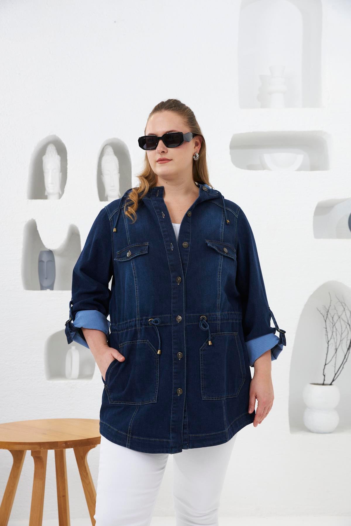 Rmg Cep Detaylı Büyük Beden Lacivert Kot Ceket