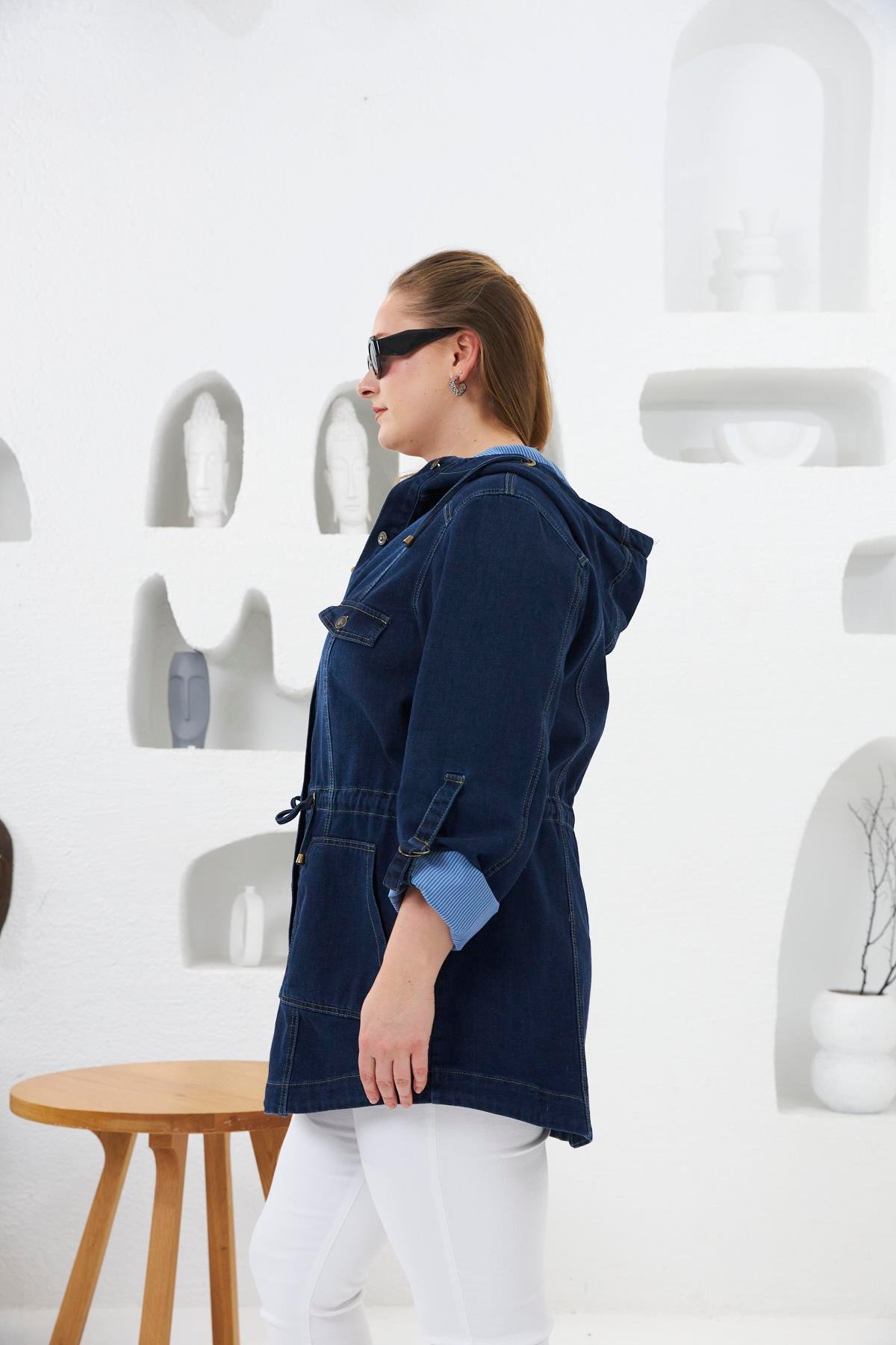 Rmg Cep Detaylı Büyük Beden Lacivert Kot Ceket