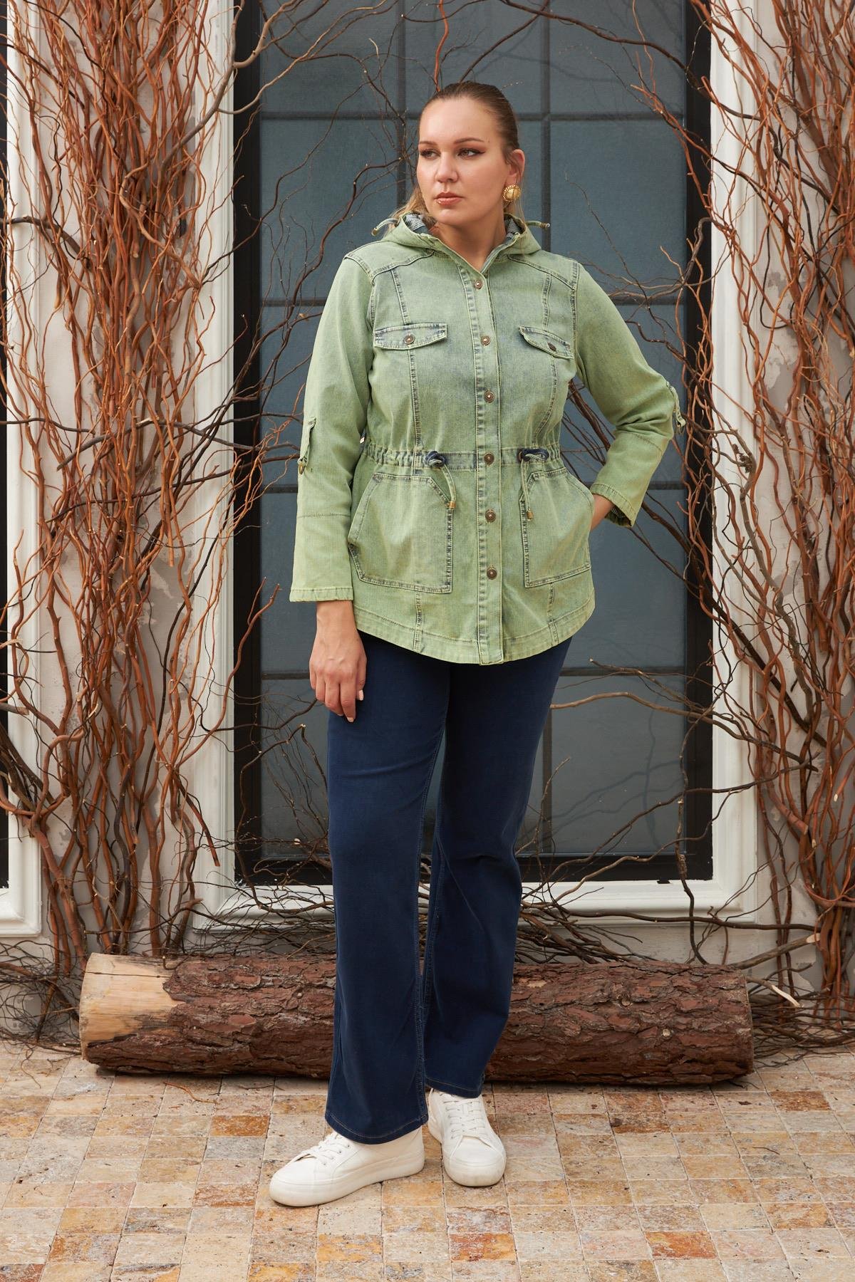 Rmg Cep Detaylı Büyük Beden Yeşil Kot Ceket