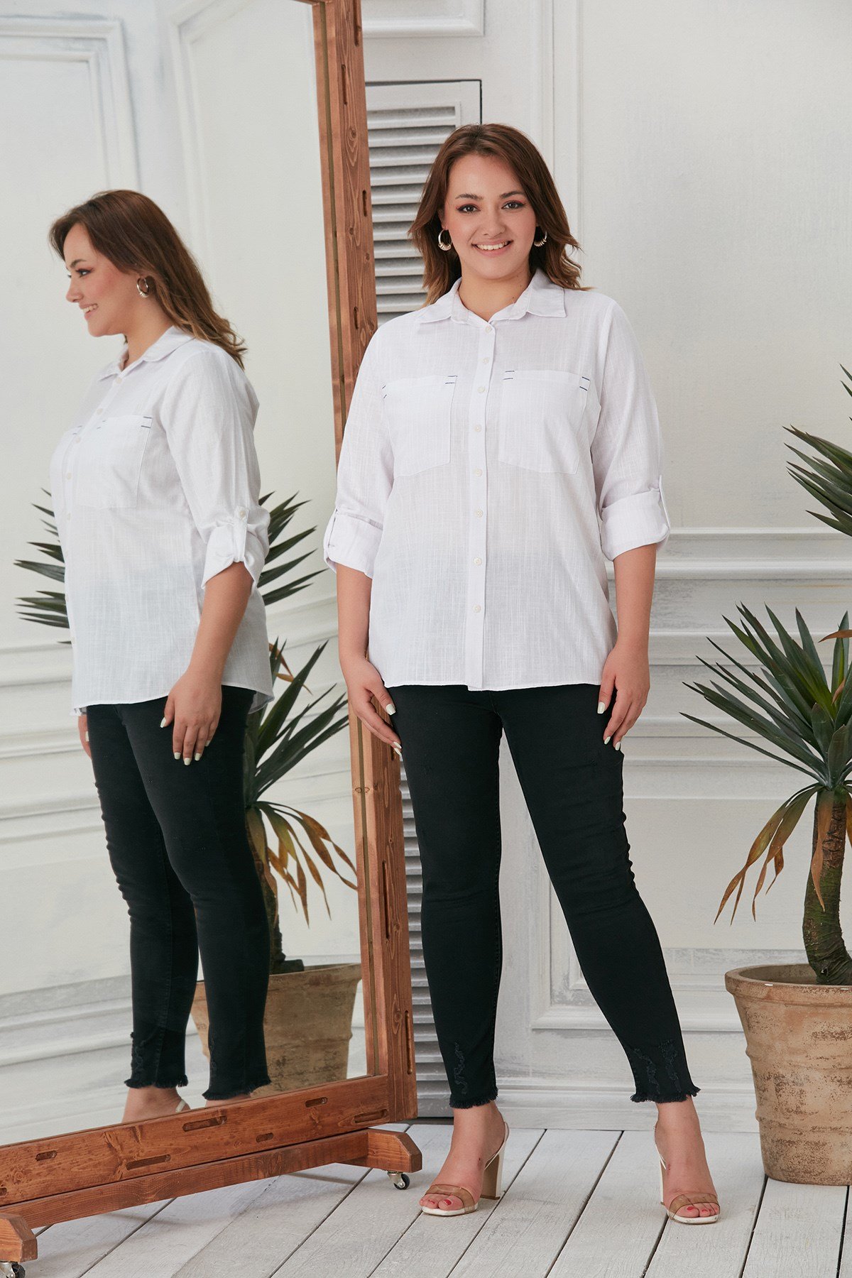 Rmg Cep Nakış Detaylı Büyük Beden Beyaz Pamuk Gömlek