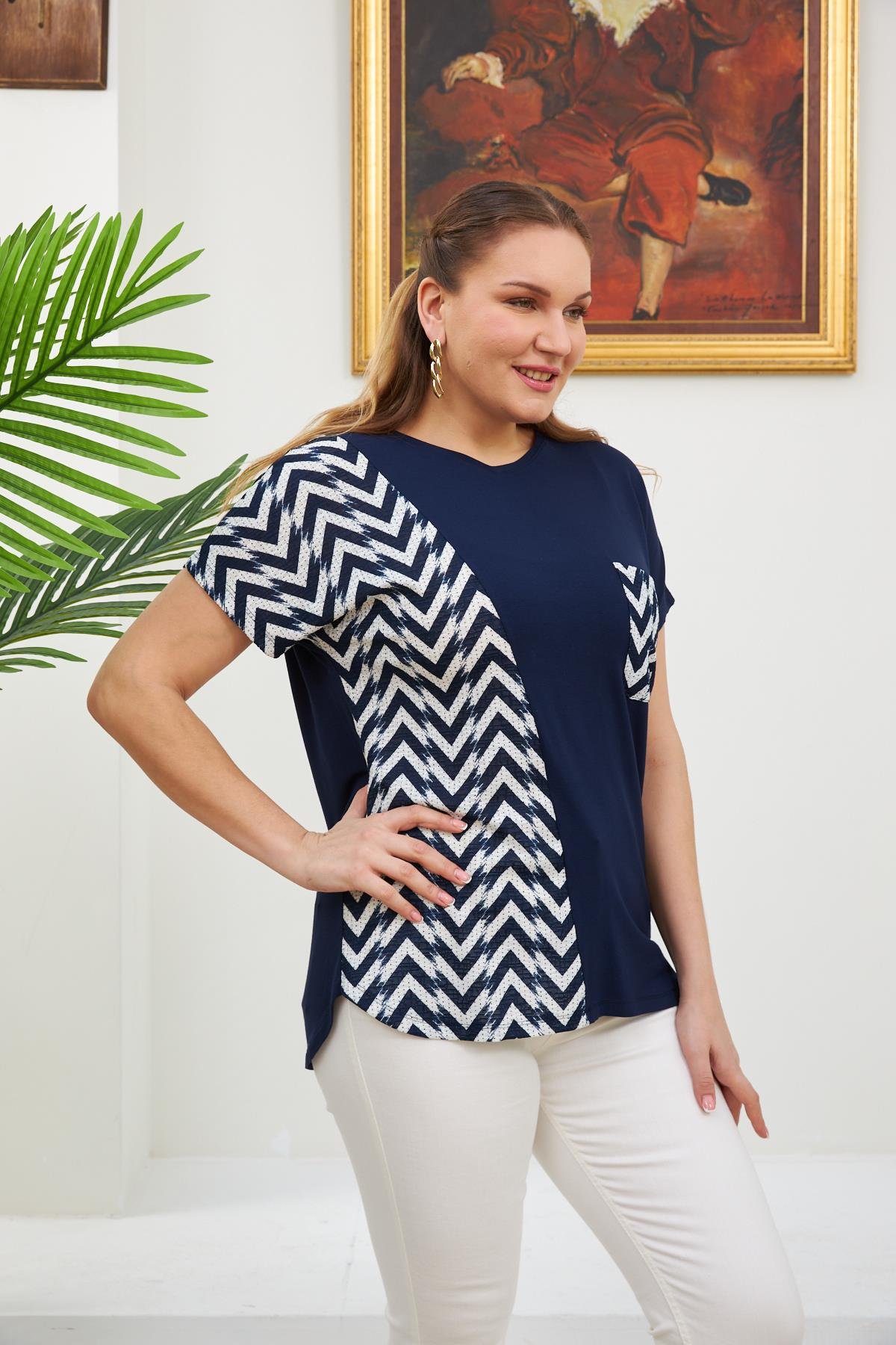 Rmg Cep Ve Kol Garnili Büyük Beden Lacivert Tişört