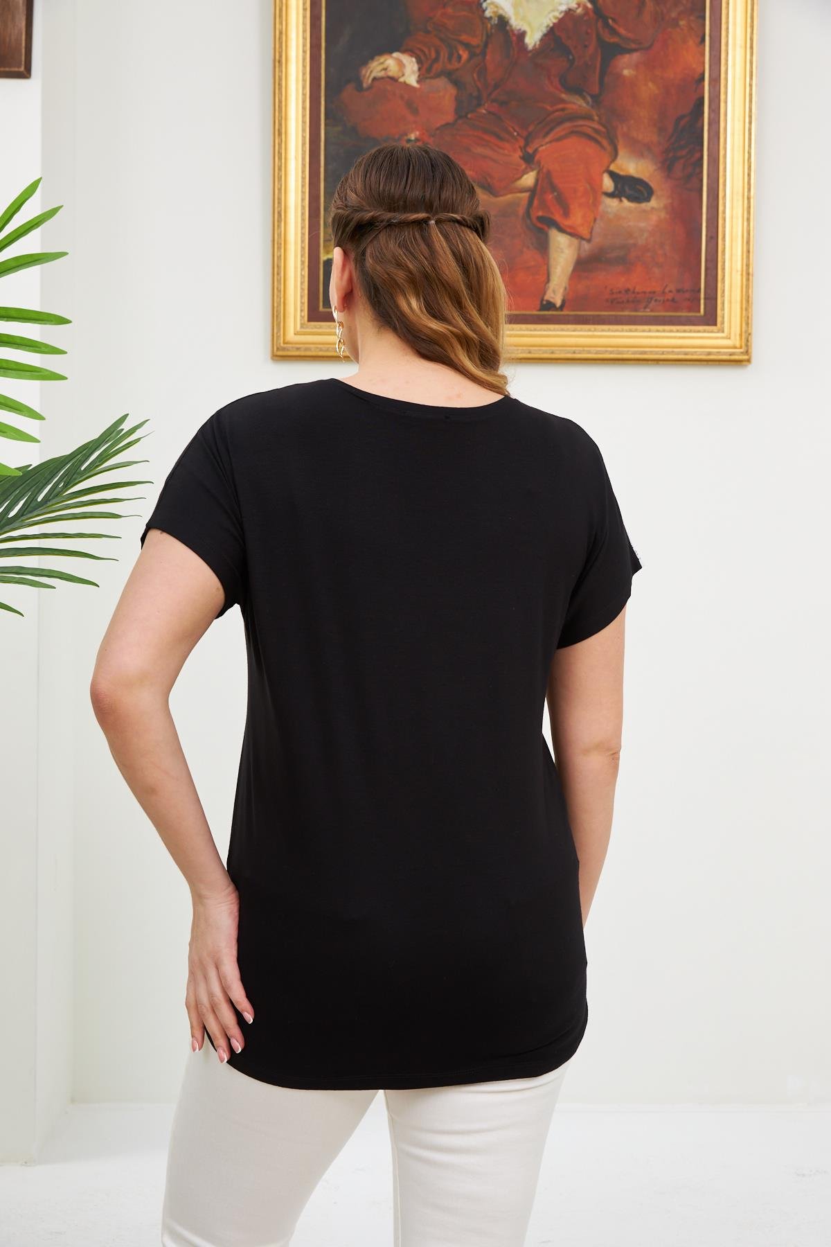 Rmg Cep Ve Kol Garnili Büyük Beden Siyah Tişört