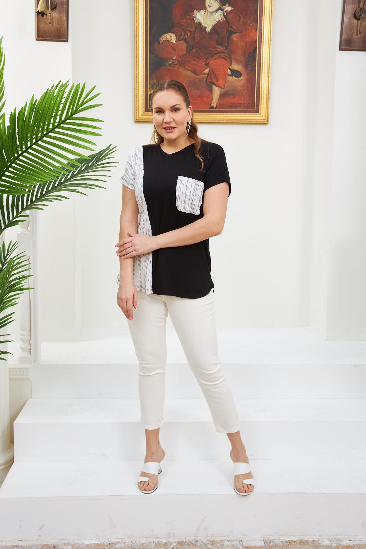 Rmg Cep Ve Kol Garnili Büyük Beden Siyah Tişört