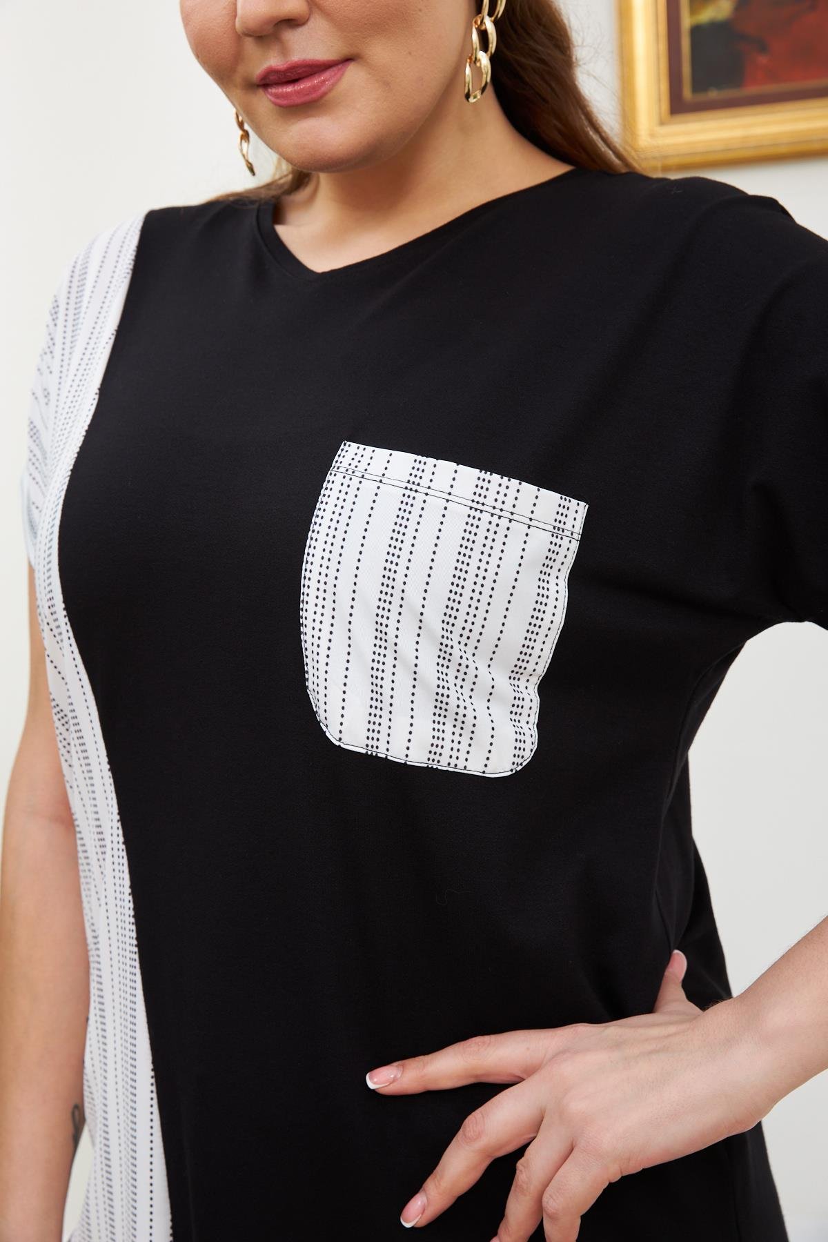 Rmg Cep Ve Kol Garnili Büyük Beden Siyah Tişört