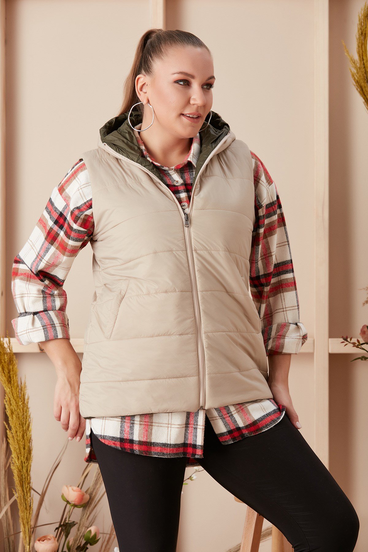 Rmg Çift Taraflı Büyük Beden Haki-Krem Yelek